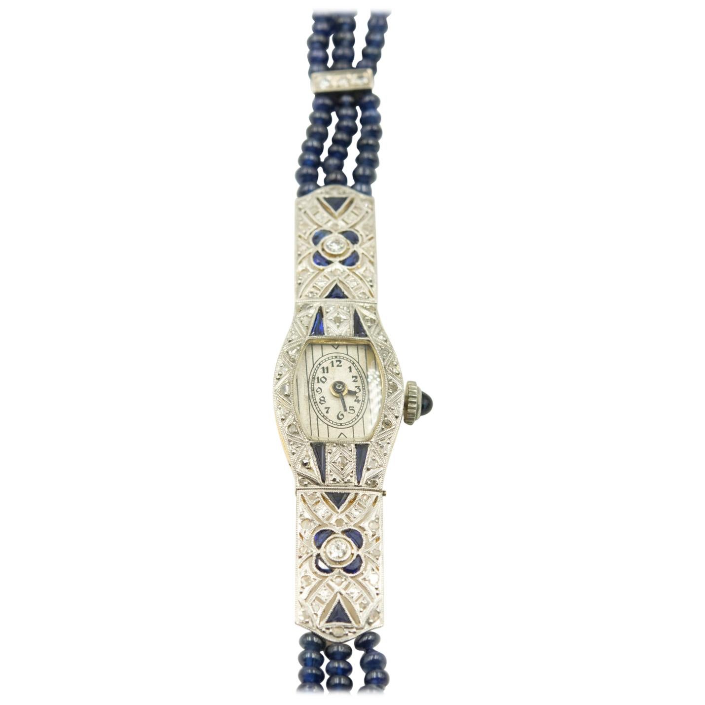 Art Deco Floral Filagree Sapphire and Diamond Ladies Dress Watch Sapphire Band For Sale