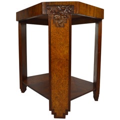 Art Deco Floral Gueridon / Side Table, Carved Walnut & Marquetry, circa 1925