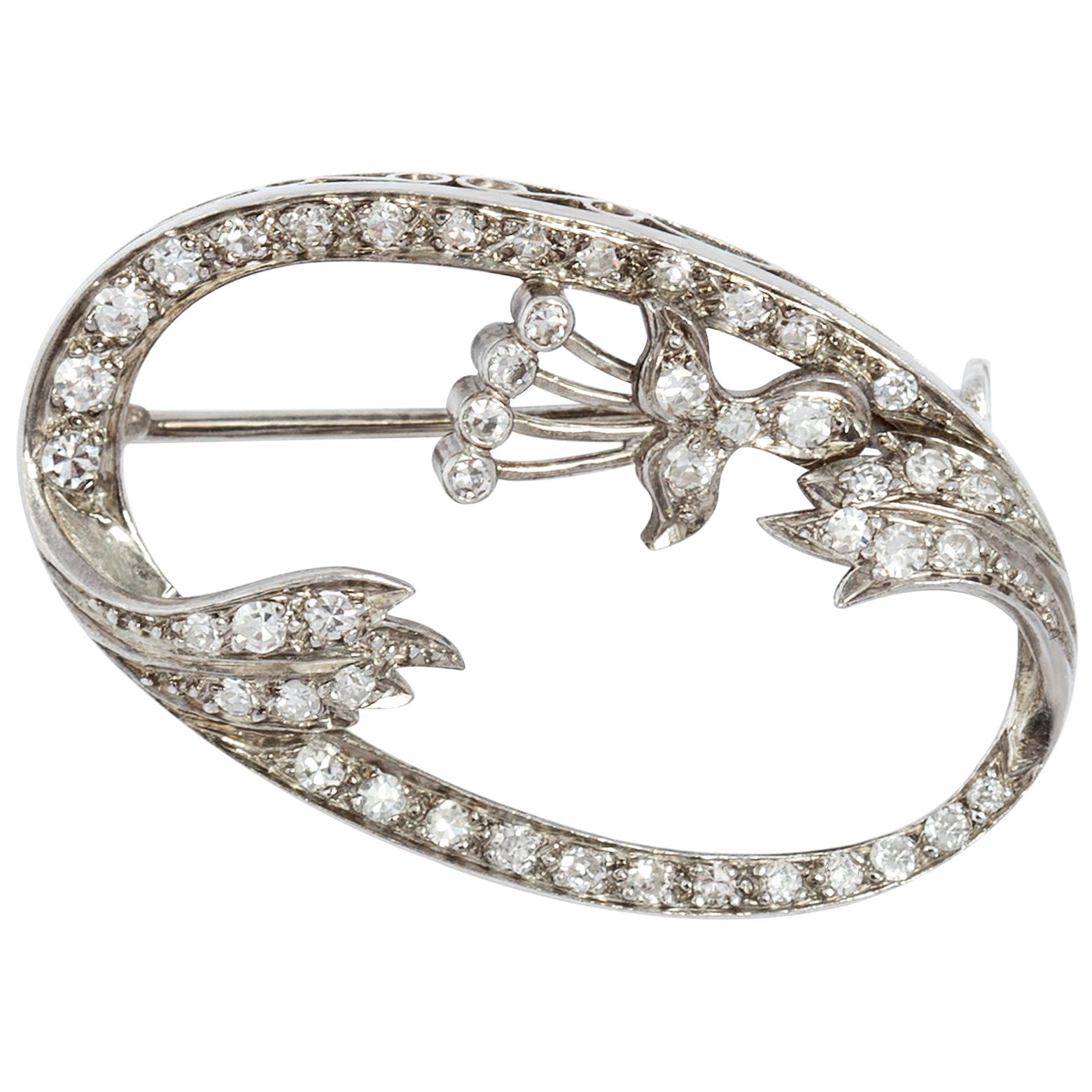 Art Deco Floral Motif Diamond Brooch For Sale