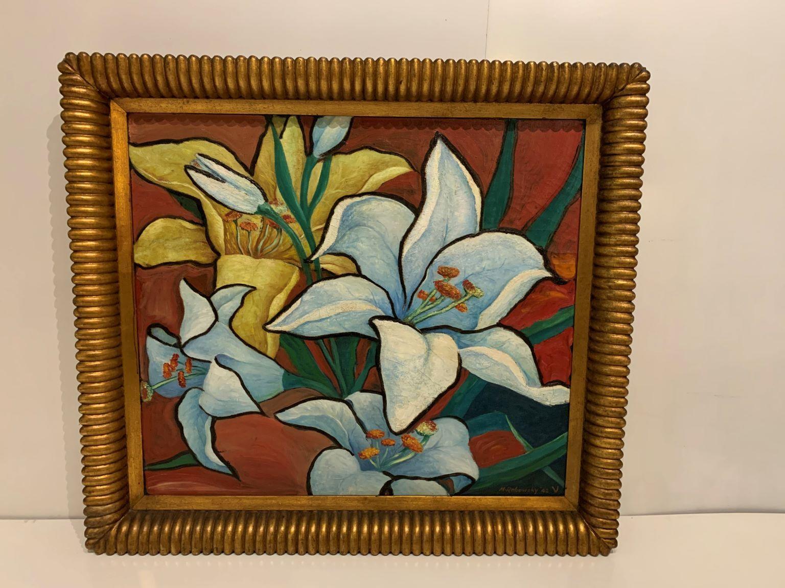 Art Deco Floral Oil on Canvas Painting by Meyers Rohowsky, 1942 In Good Condition In Bernville, PA