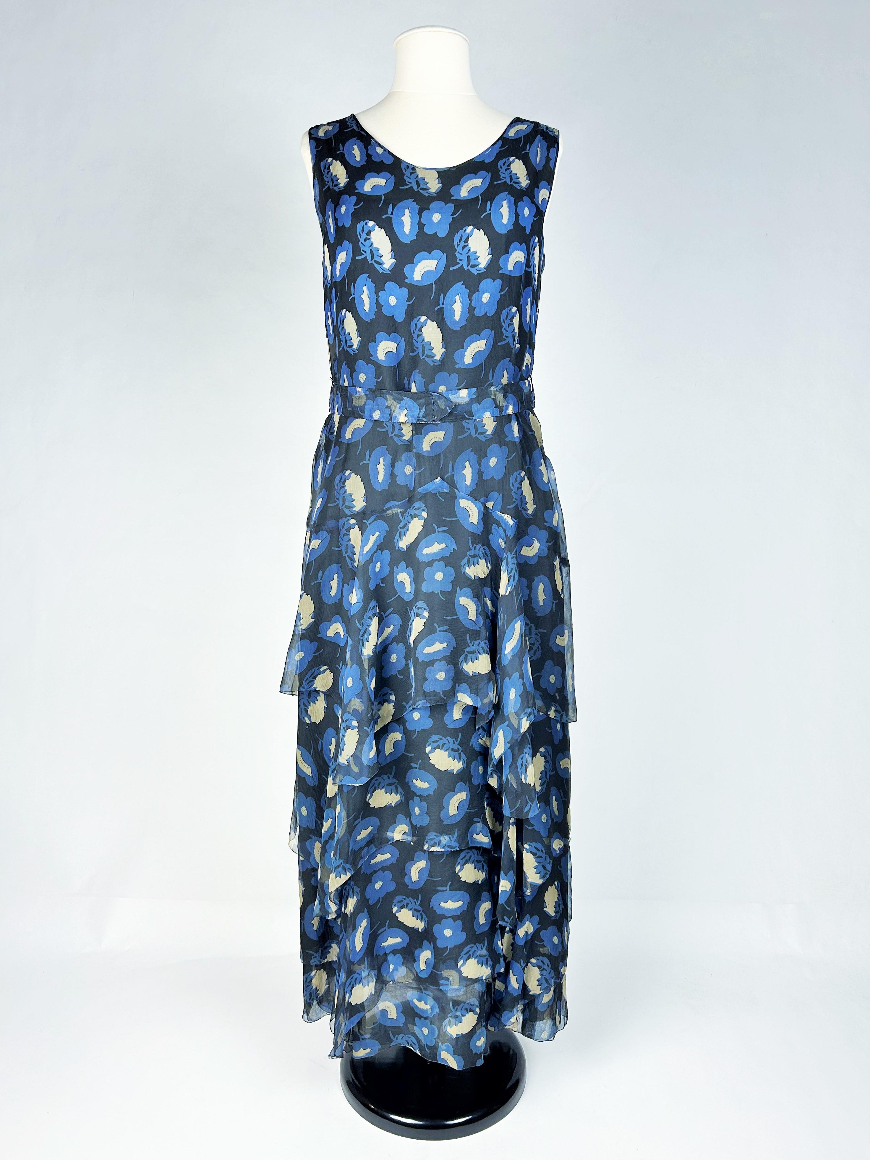 Vestido Art Déco de gasa con estampado floral - Francia Circa 1930 Azul en venta