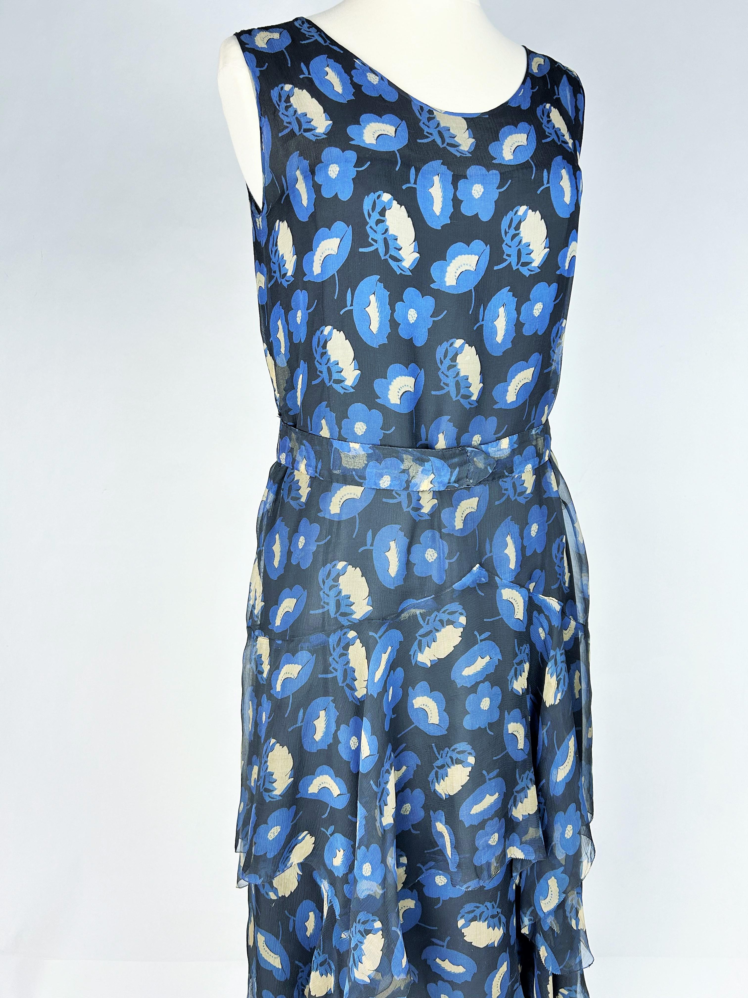Vestido Art Déco de gasa con estampado floral - Francia Circa 1930 en venta 2