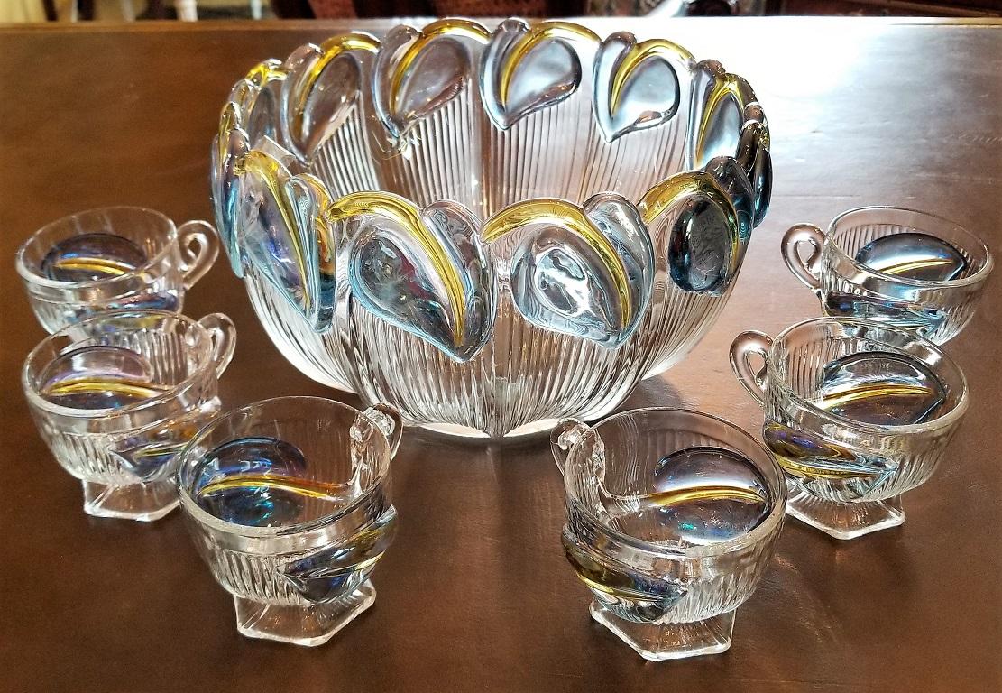 Art Deco Floral Punch Bowl and 6 Matching Glasses For Sale 4