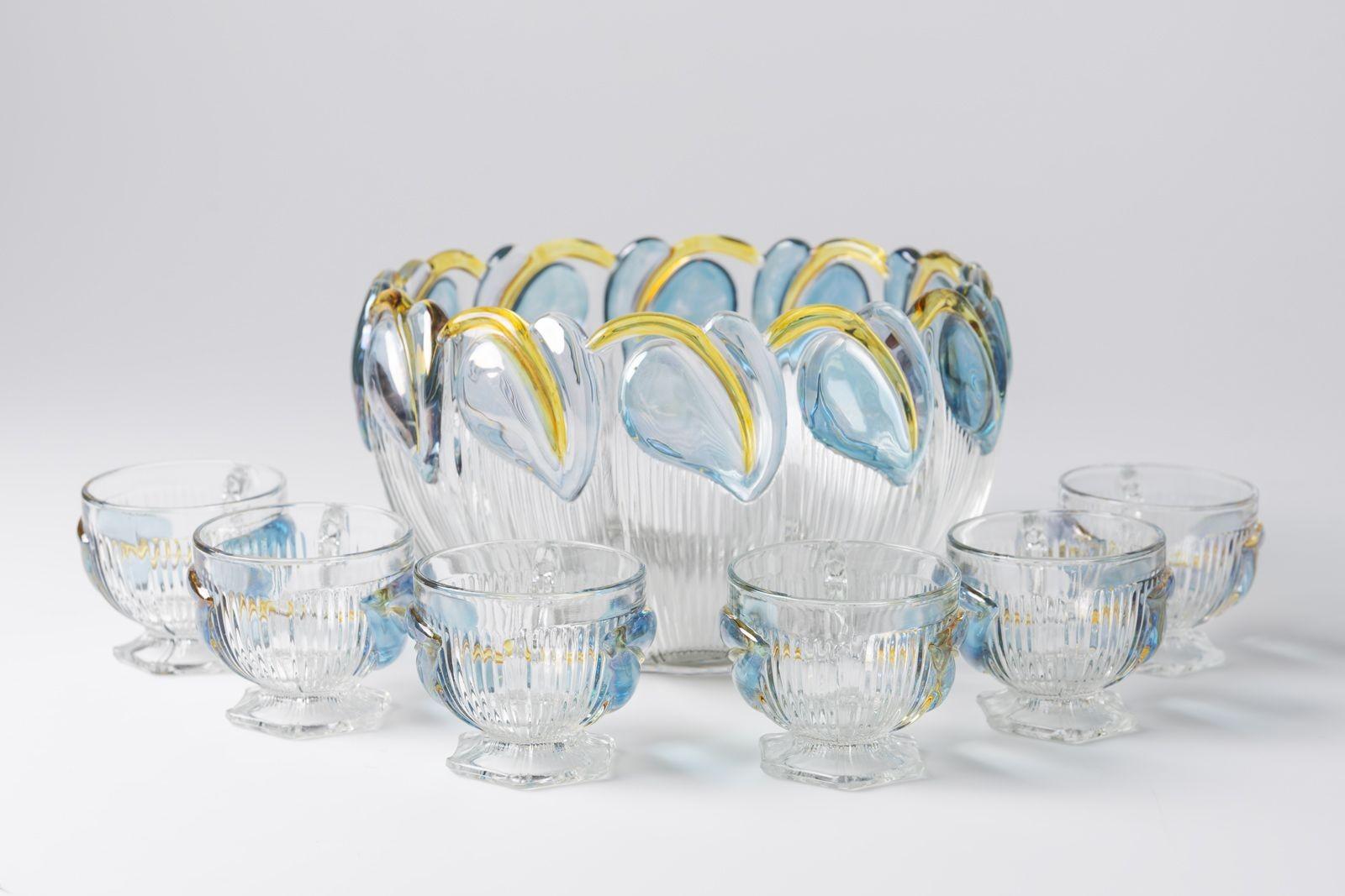 Art Deco Floral Punch Bowl & 6 Matching Glasses im Zustand „Gut“ im Angebot in Dallas, TX