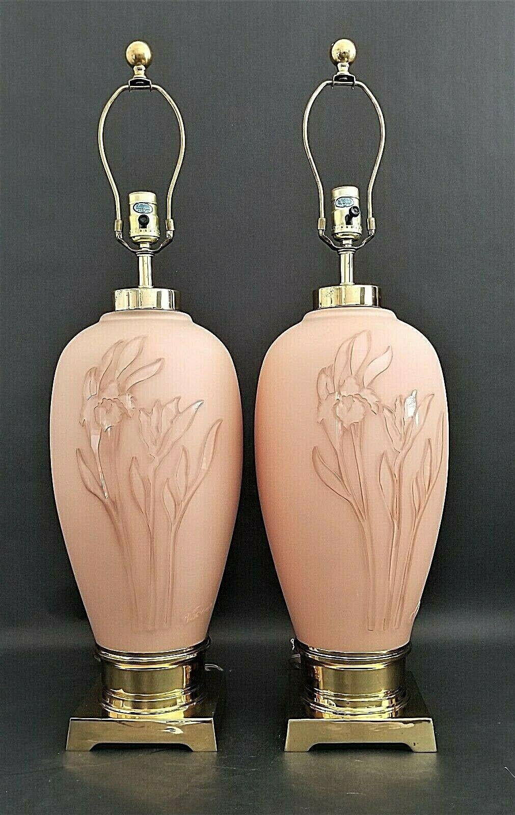 Offering One Of Our Recent Palm Beach Estate Fine Lighting Acquisitions Of A 
Rare Pair of Signed VIANNE Frosted Peach Glass and Brass 3 Dimensional Floral Relief Table Lamps 

Measurements
31