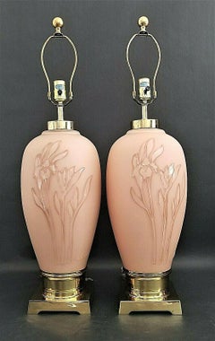Vianne Art Deco Table Lamps, Frosted Peach Glass & Brass, 1970s Pair