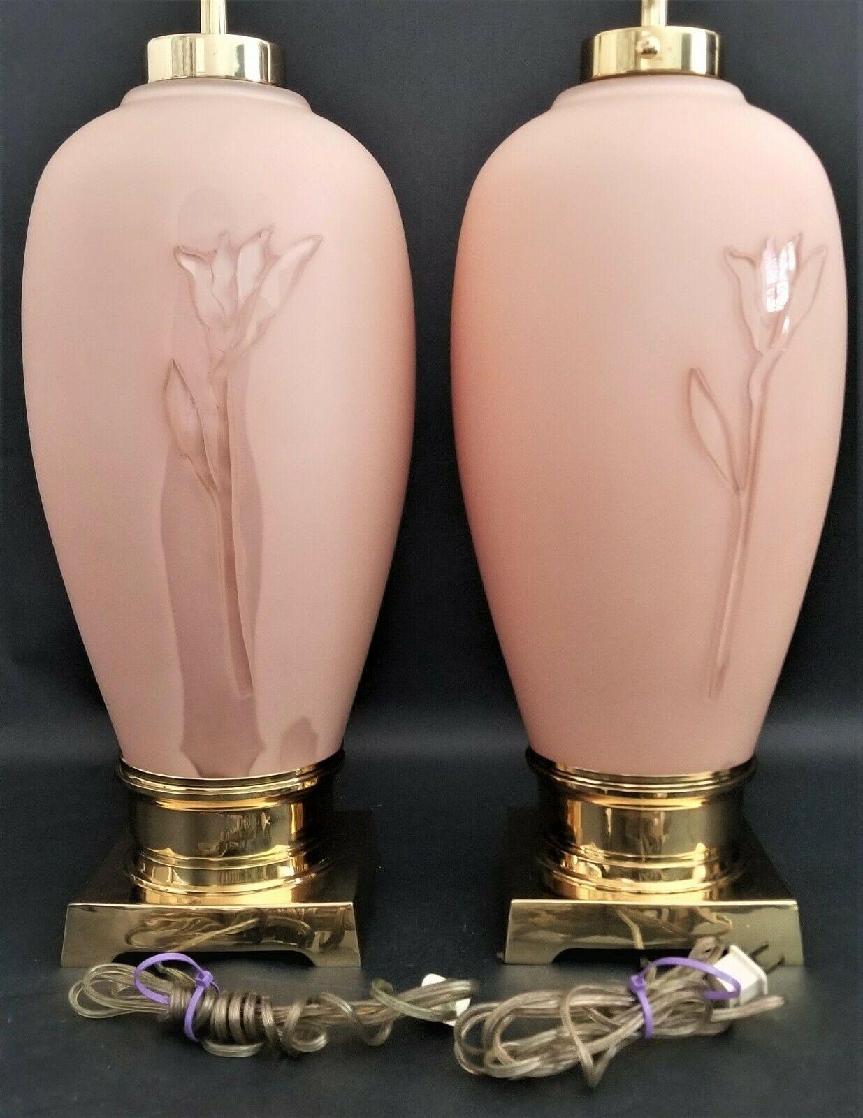 Late 20th Century Art Deco Floral Relief Table Lamps - A Pair by Vianne Glass of France For Sale