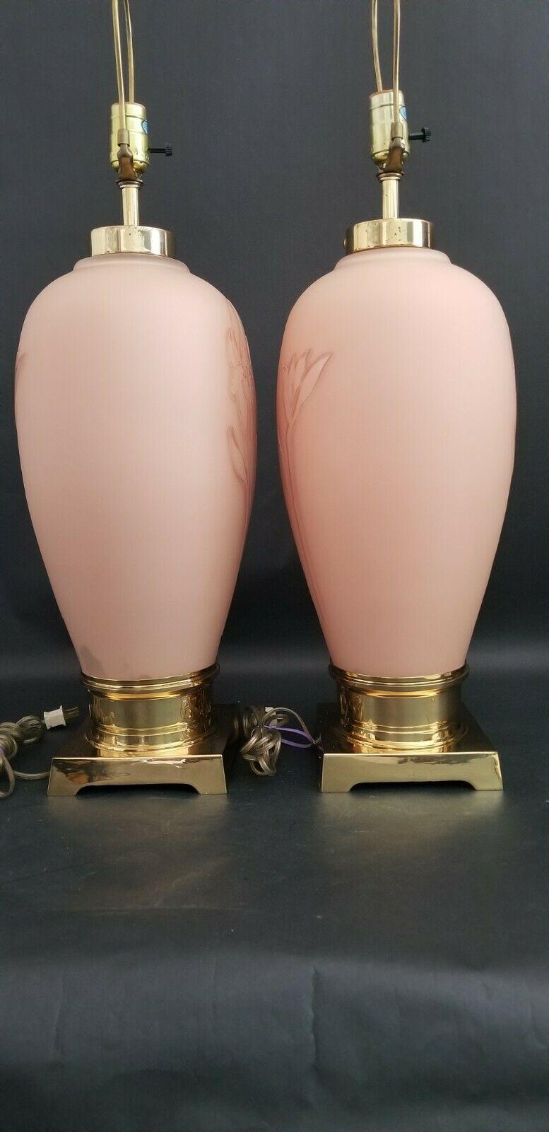Brass Art Deco Floral Relief Table Lamps - A Pair by Vianne Glass of France For Sale