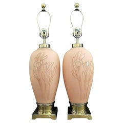 Art Deco Floral Relief Table Lamps - A Pair by Vianne Glass of France