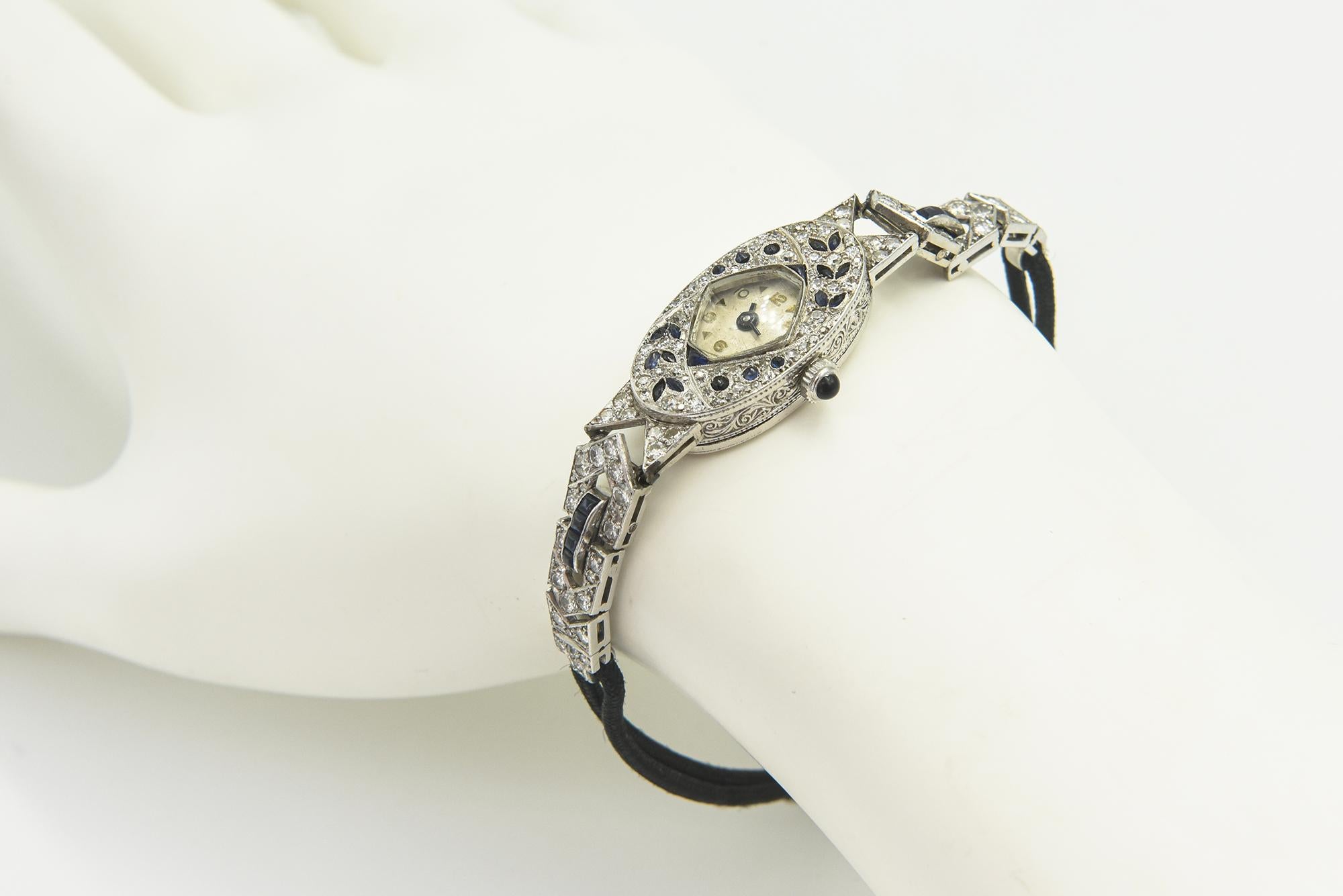 Art Deco Floral Sapphire Diamond Ladies Dress Watch For Sale 7