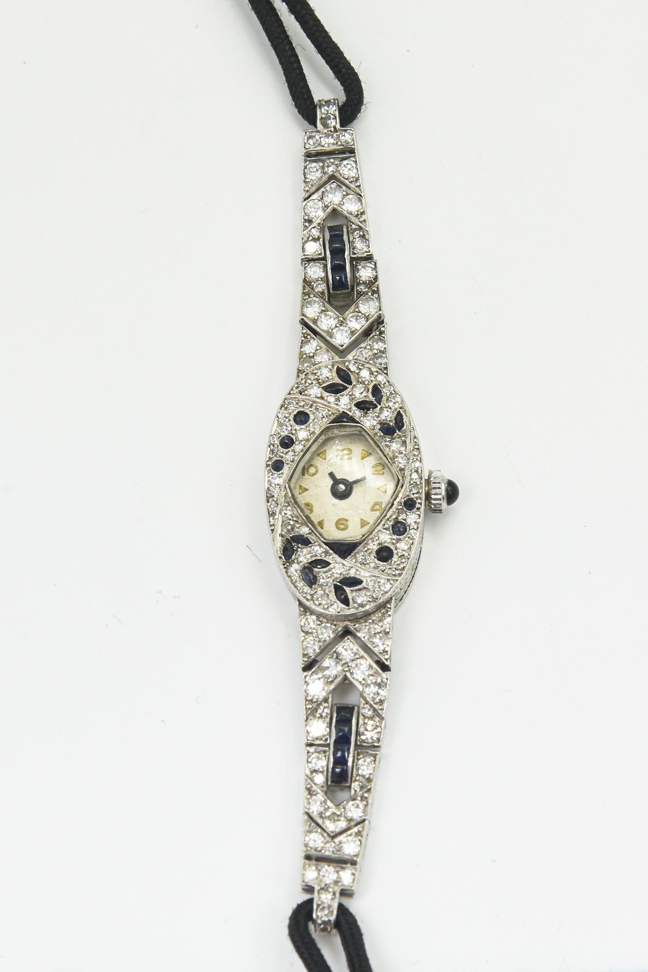 Round Cut Art Deco Floral Sapphire Diamond Ladies Dress Watch For Sale