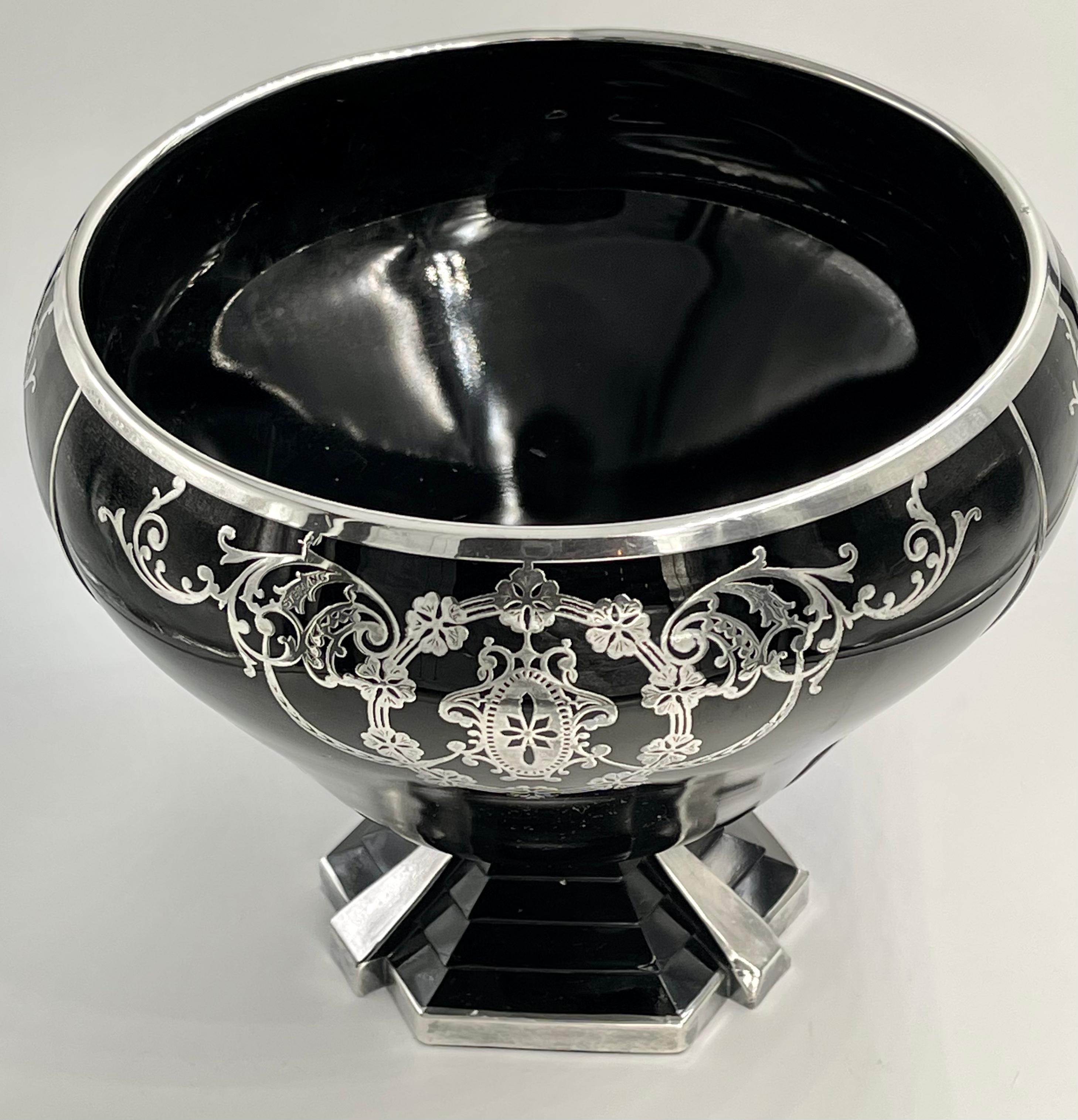 Art Deco Floral Sterling Silver Overlay Black Glass Bowl Vase Step Foot Design