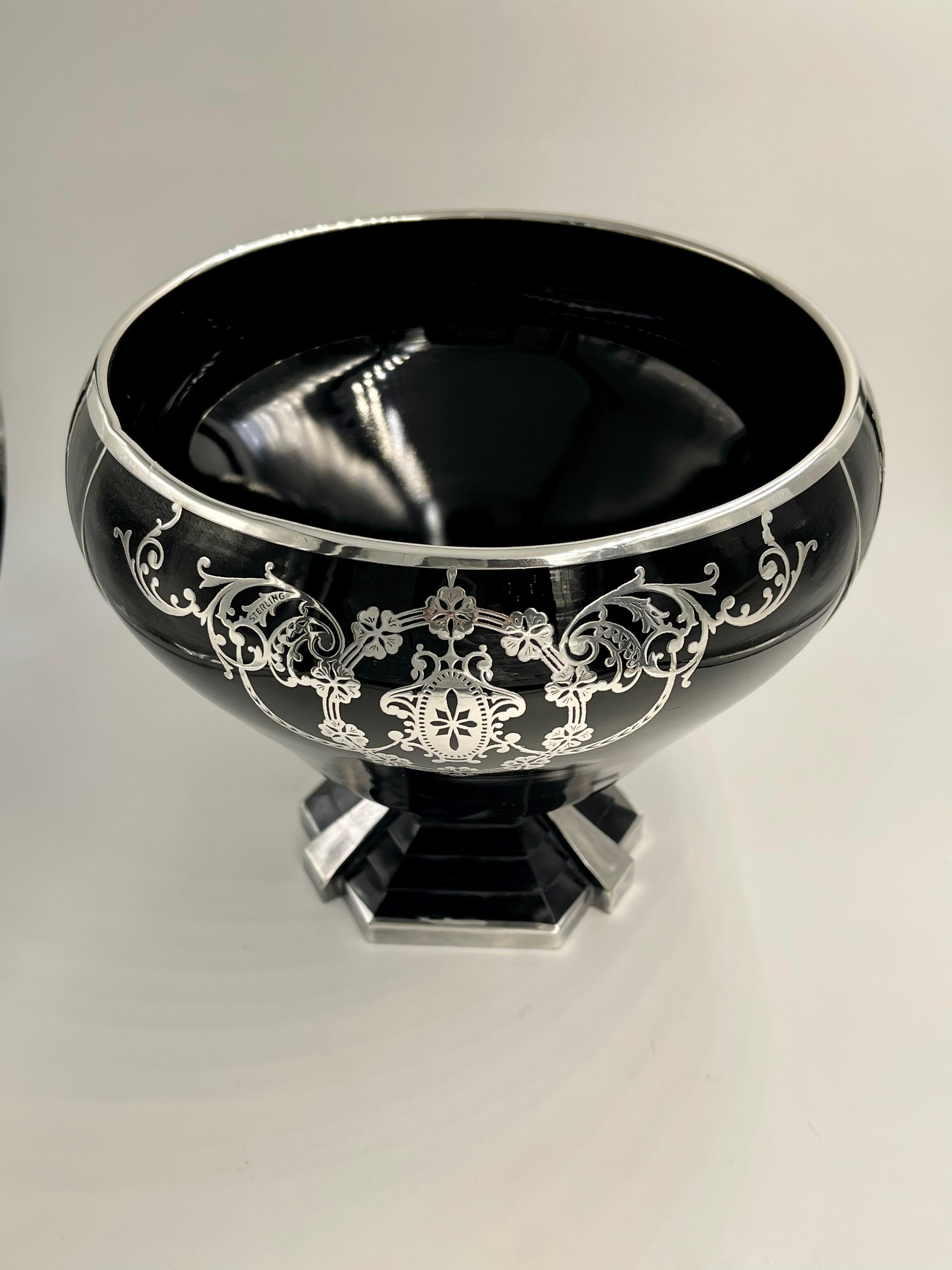 Art Deco Floral Sterling Silver Overlay Black Glass Bowl Vase Step Foot Design In Good Condition In Miami Beach, FL