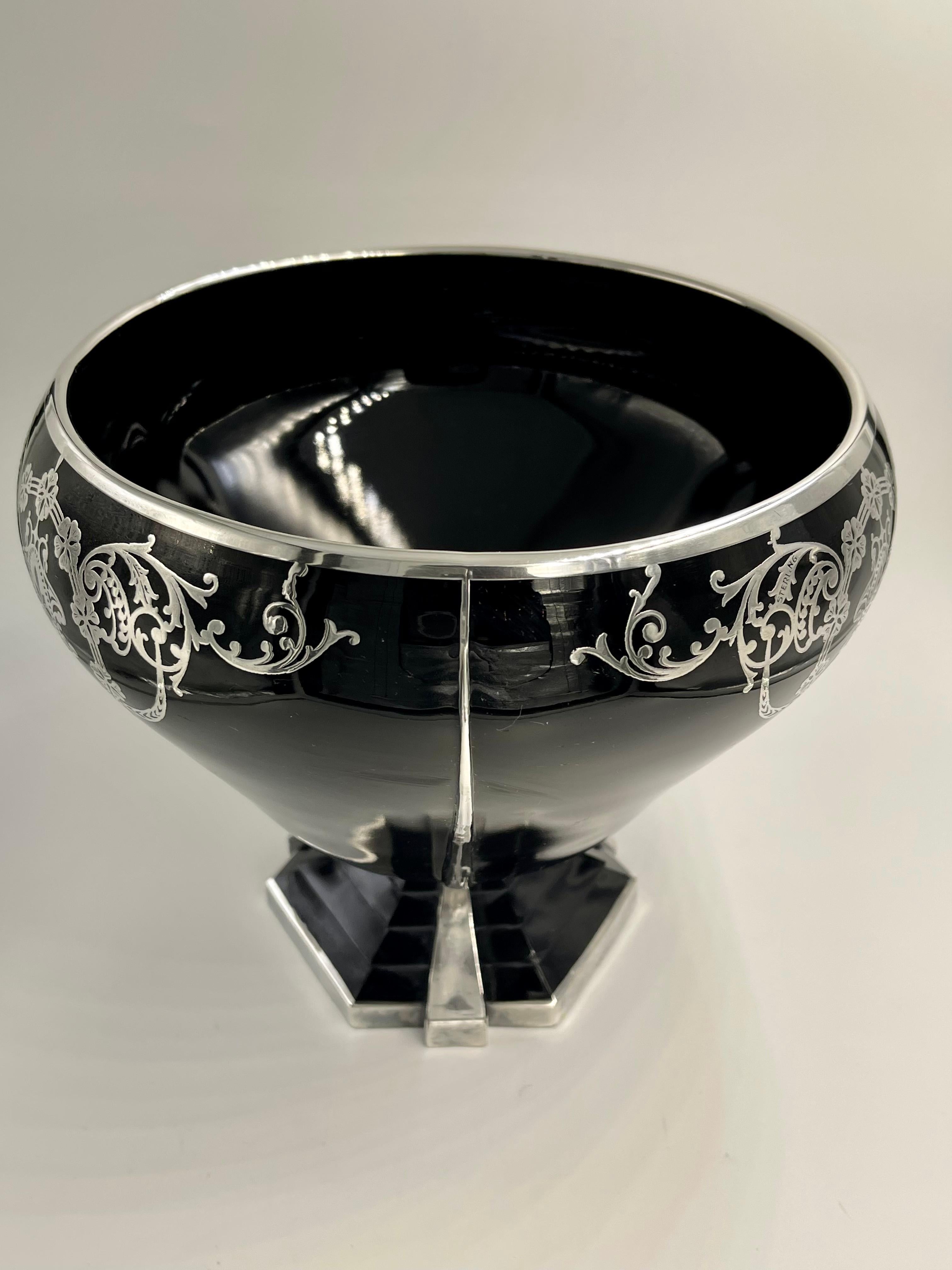 20th Century Art Deco Floral Sterling Silver Overlay Black Glass Bowl Vase Step Foot Design