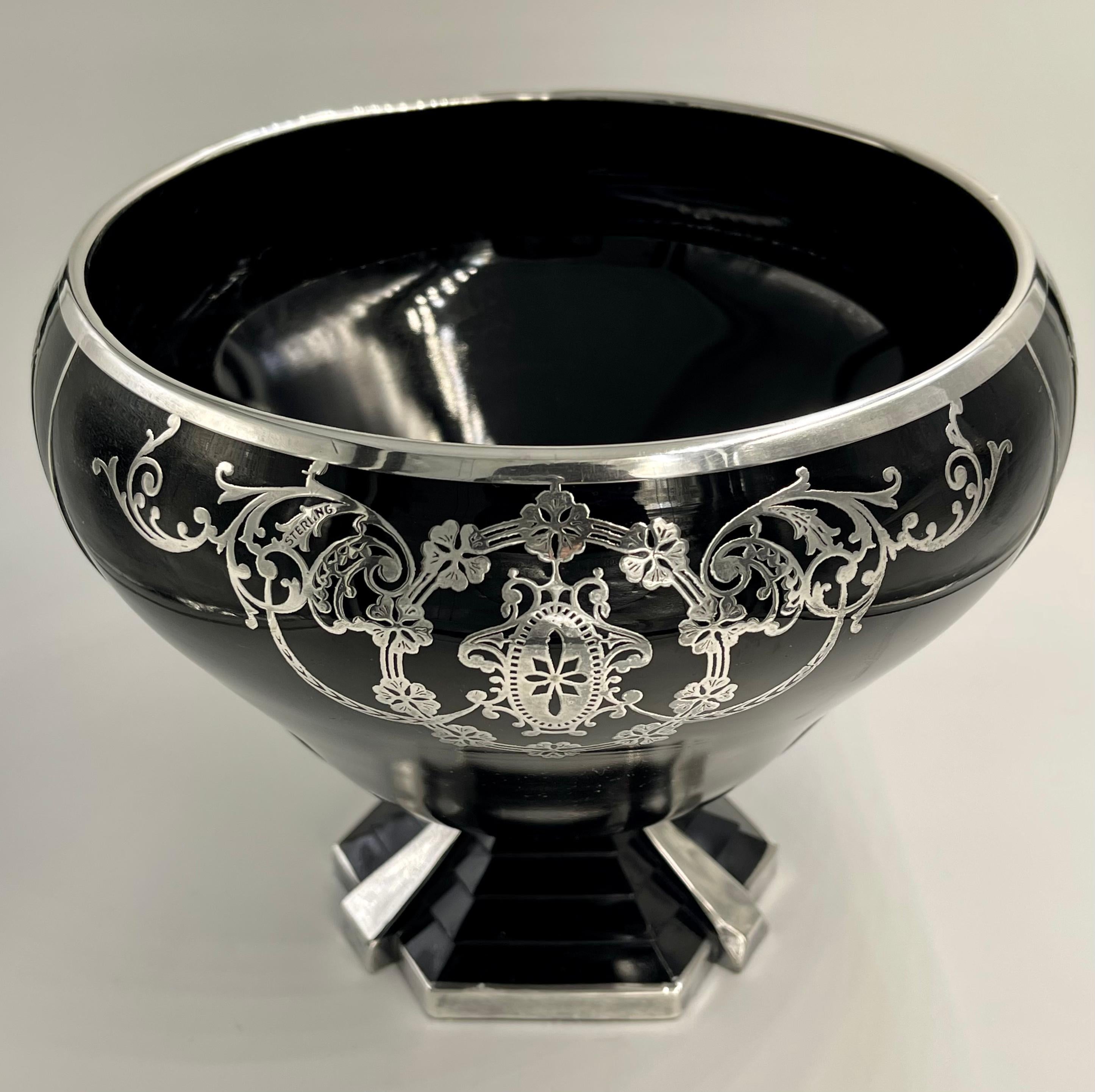 Art Deco Floral Sterling Silver Overlay Black Glass Bowl Vase Step Foot Design 1