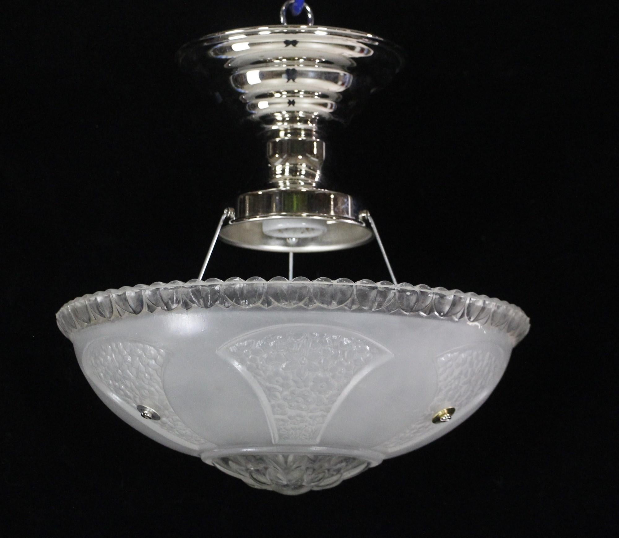 Art Deco Plafonnier Stepped Cylinder White Glass with Matte Nickel Ceiling Fixture 