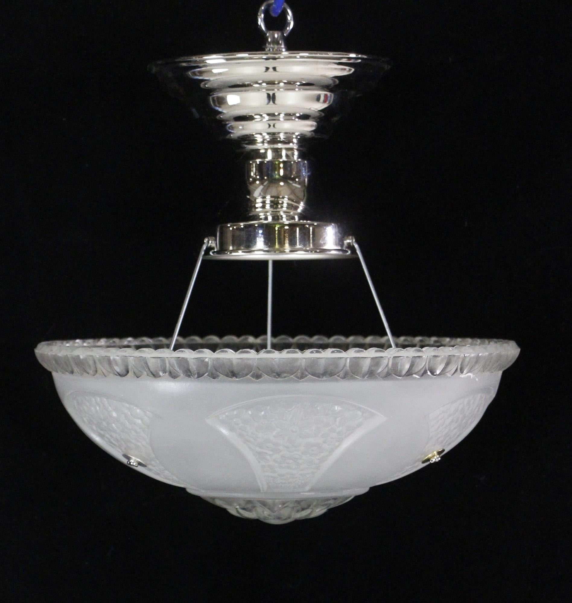 American Art Deco Floral White Frosted Glass Light w/ Newly Wired Nickel Semi-Flush Mount For Sale