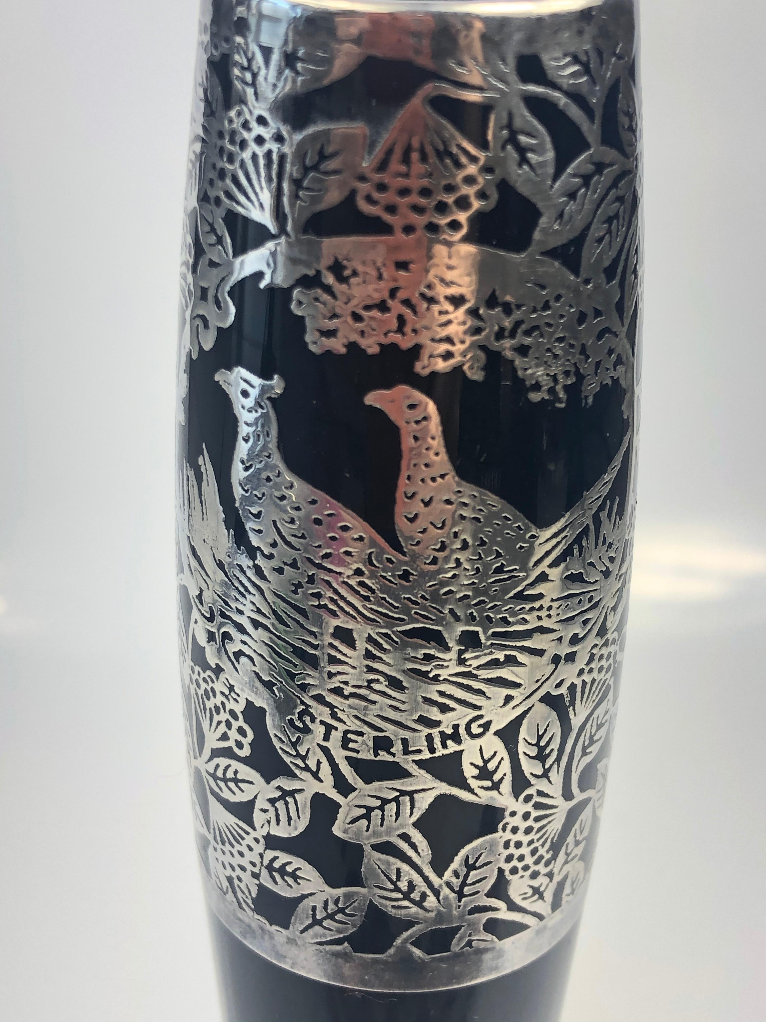 Art Deco Floral with Birds Silver Overlay Black Amethyst Glass Bud Vase 3