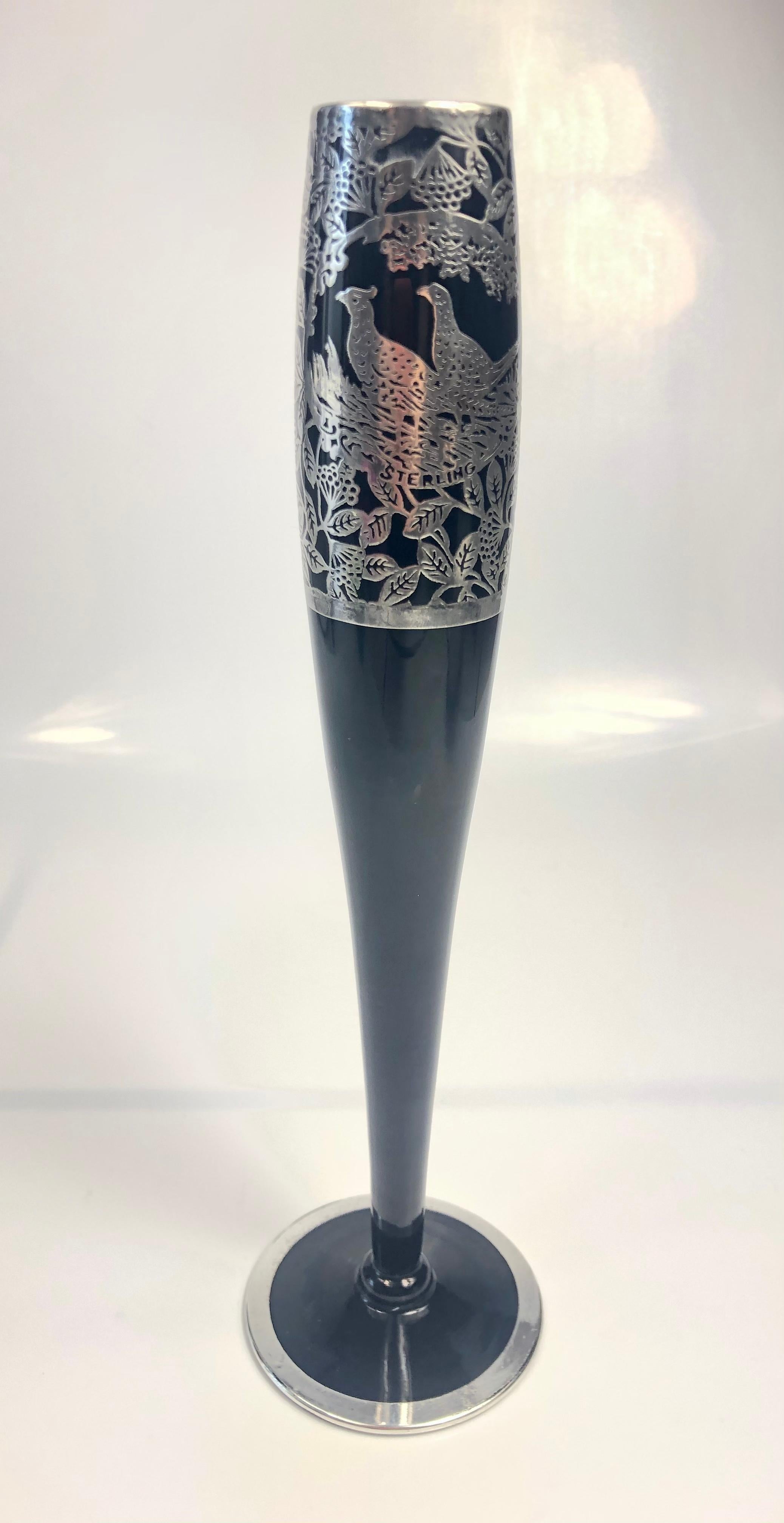 Art Deco Floral with Birds Silver Overlay Black Amethyst Glass Bud Vase In Good Condition In Miami Beach, FL