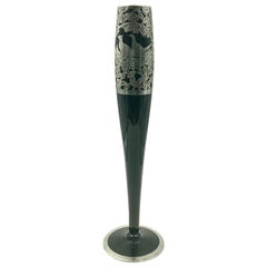 Art Deco Floral with Birds Silver Overlay Black Amethyst Glass Bud Vase
