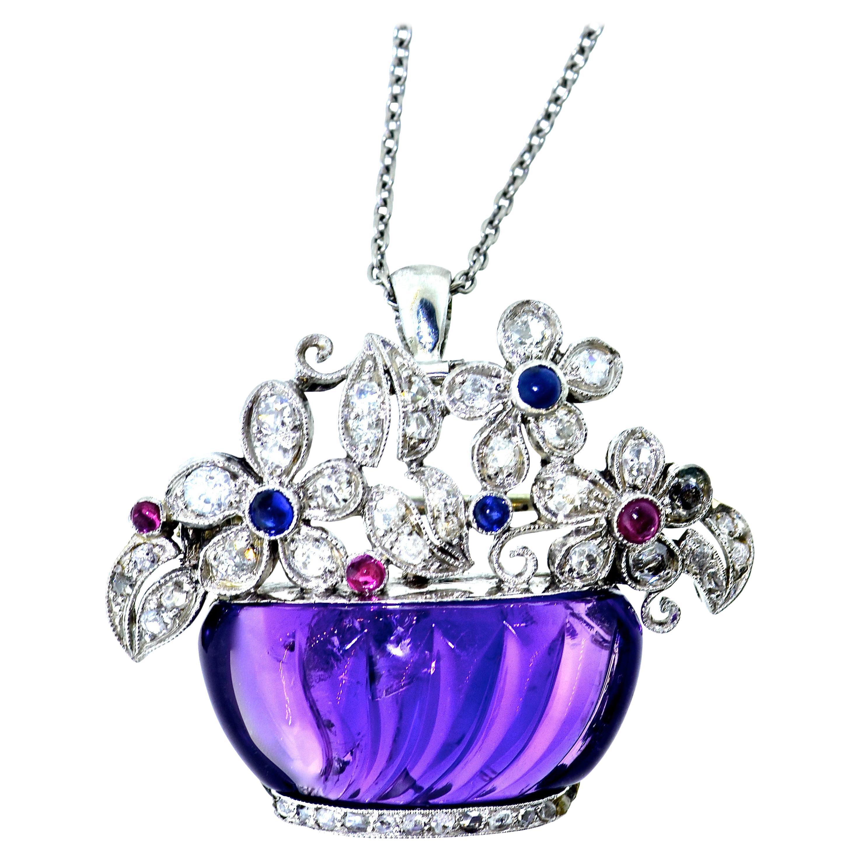 Art Deco Flower basket with Amethyst, Diamond, Sapphire and Ruby, circa 1925