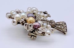 Art Deco Flower Bouquet Orient Pearl Diamond Platinum Brooch