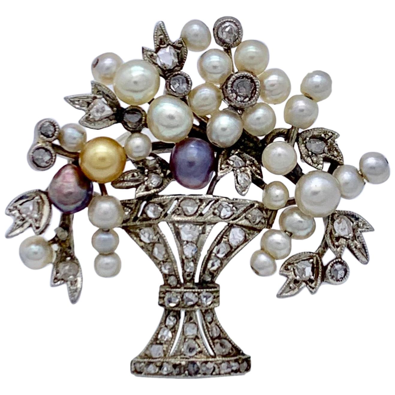 Platin-Brosche, Art déco, Blumenstrauß Orient Perle Diamant