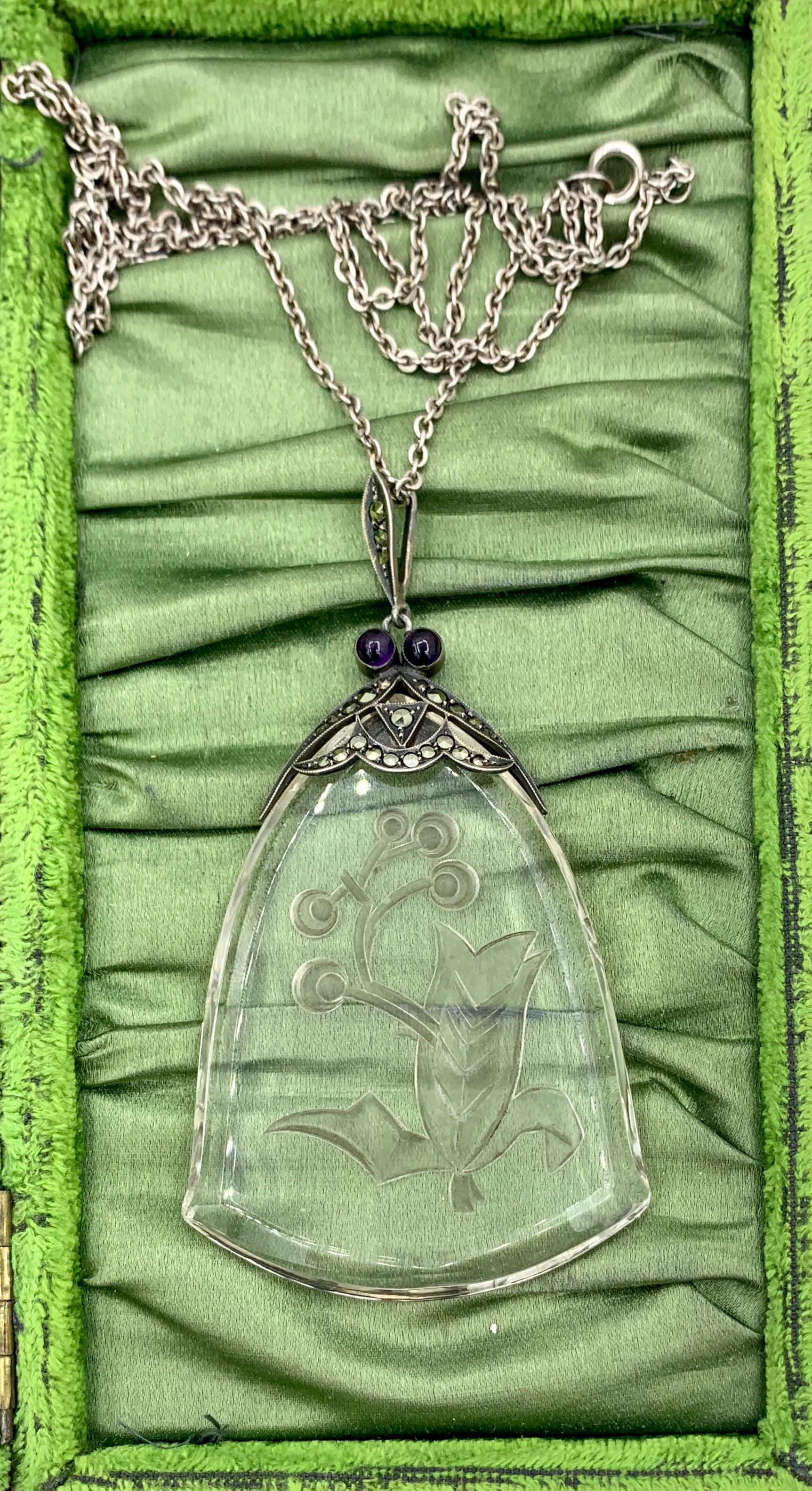 Mixed Cut Art Deco Flower Necklace Rock Crystal Amethyst Marcasite Sterling Silver Rare For Sale