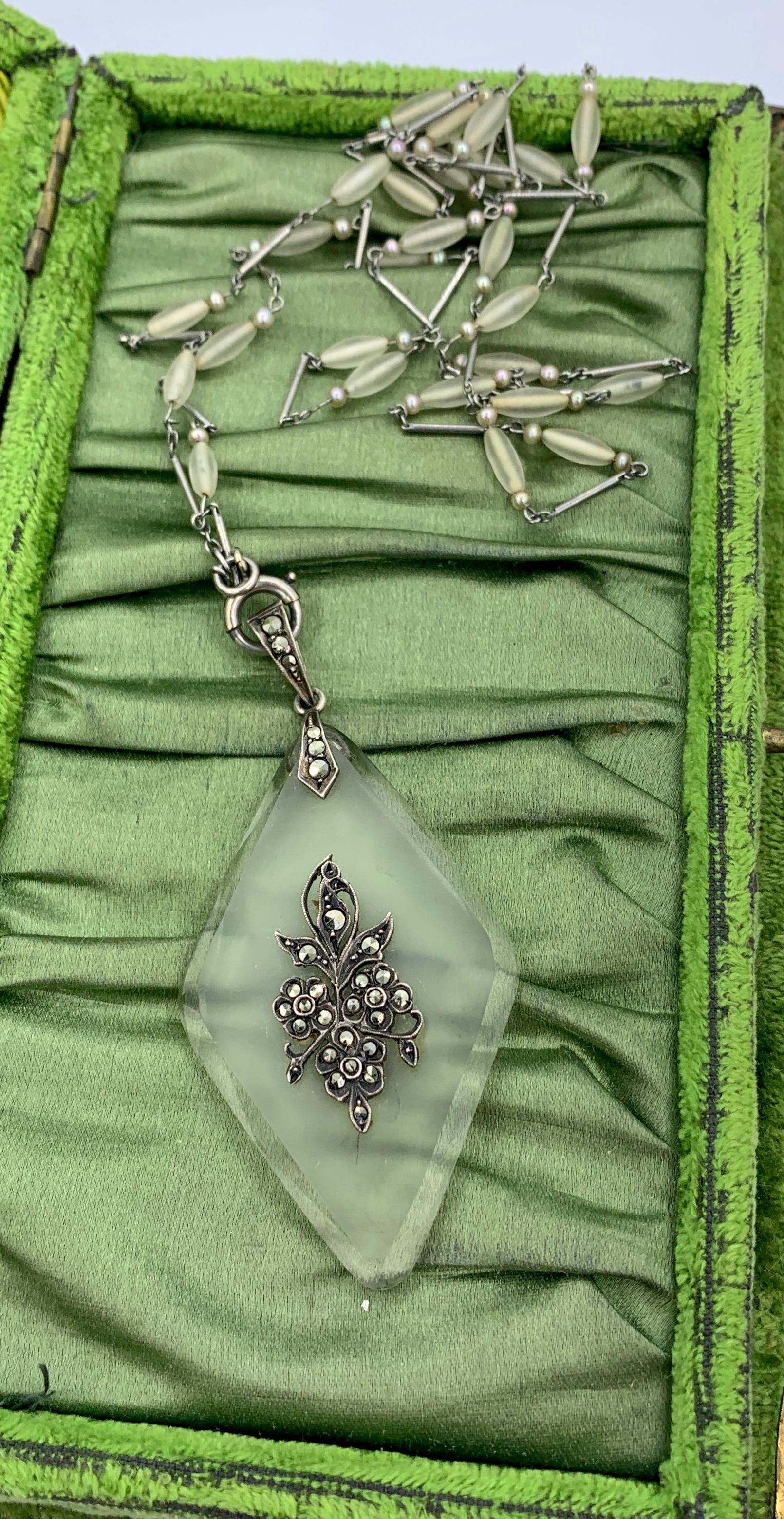 Art Deco Flower Necklace Rock Crystal Pearl Marcasite Sterling Silver Rare Chain In Good Condition For Sale In New York, NY