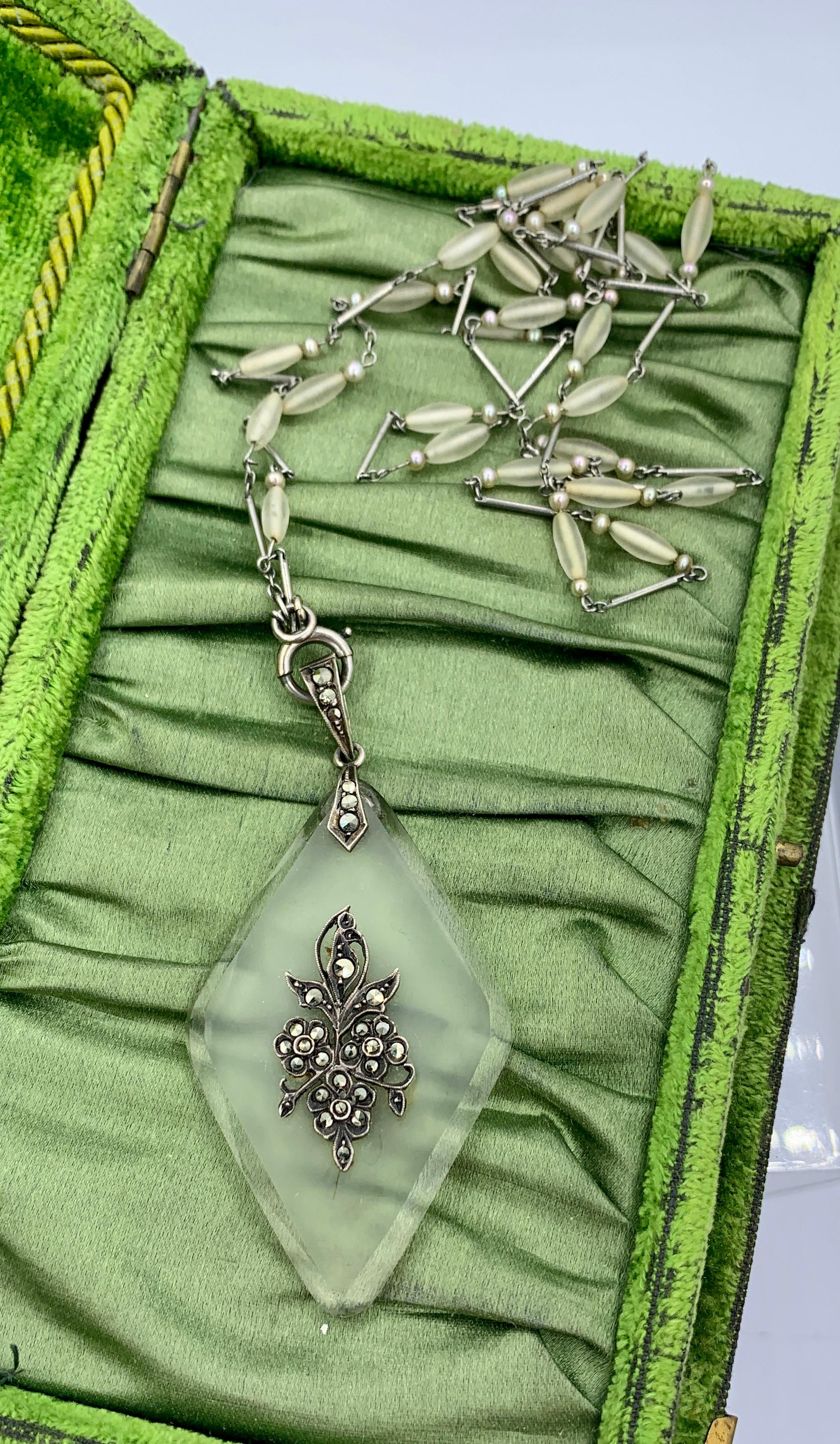Art Deco Flower Necklace Rock Crystal Pearl Marcasite Sterling Silver Rare Chain For Sale 3