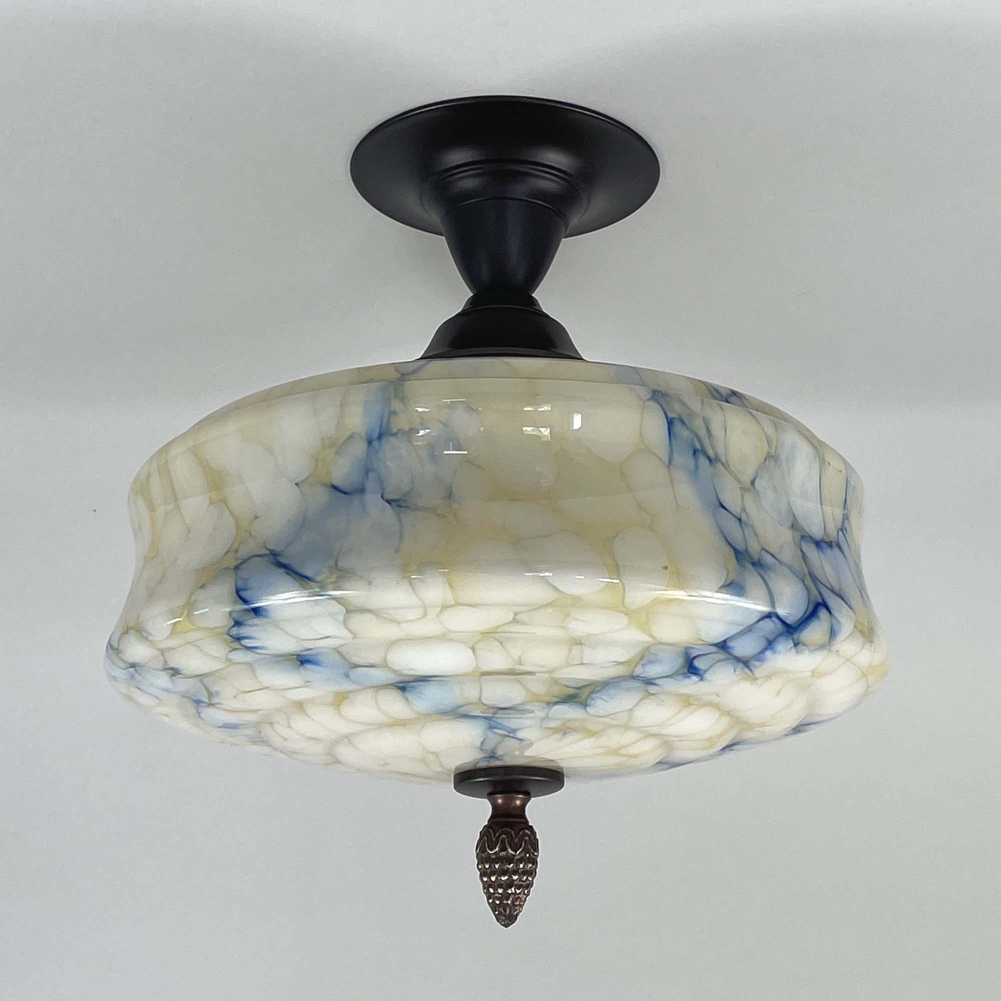 Art Deco Flush Mount, Blue Marbled Opaline Glass, Germany 1920s to 1930s For Sale 6
