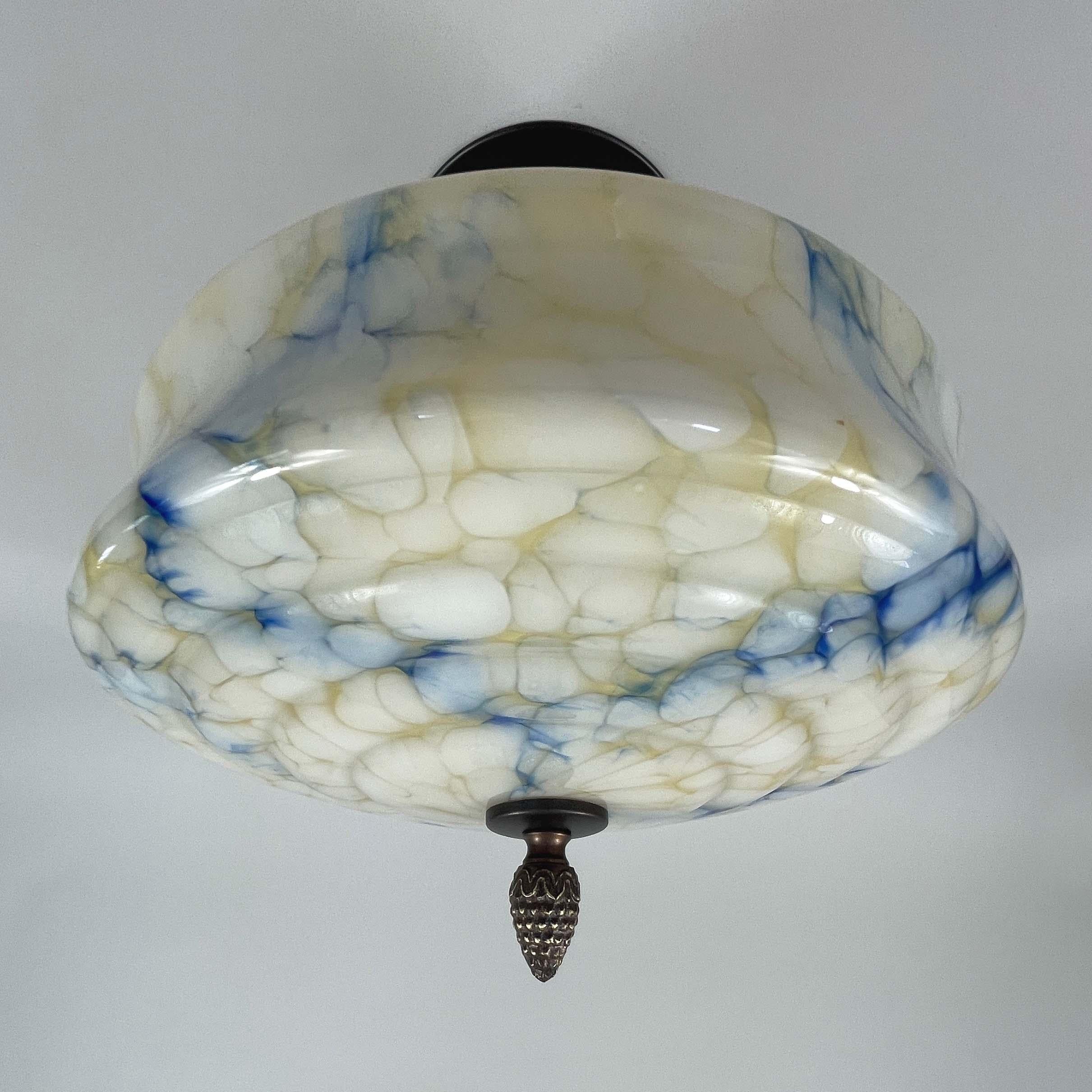 Art Deco Flush Mount, Blue Marbled Opaline Glass, Germany 1920s to 1930s For Sale 7