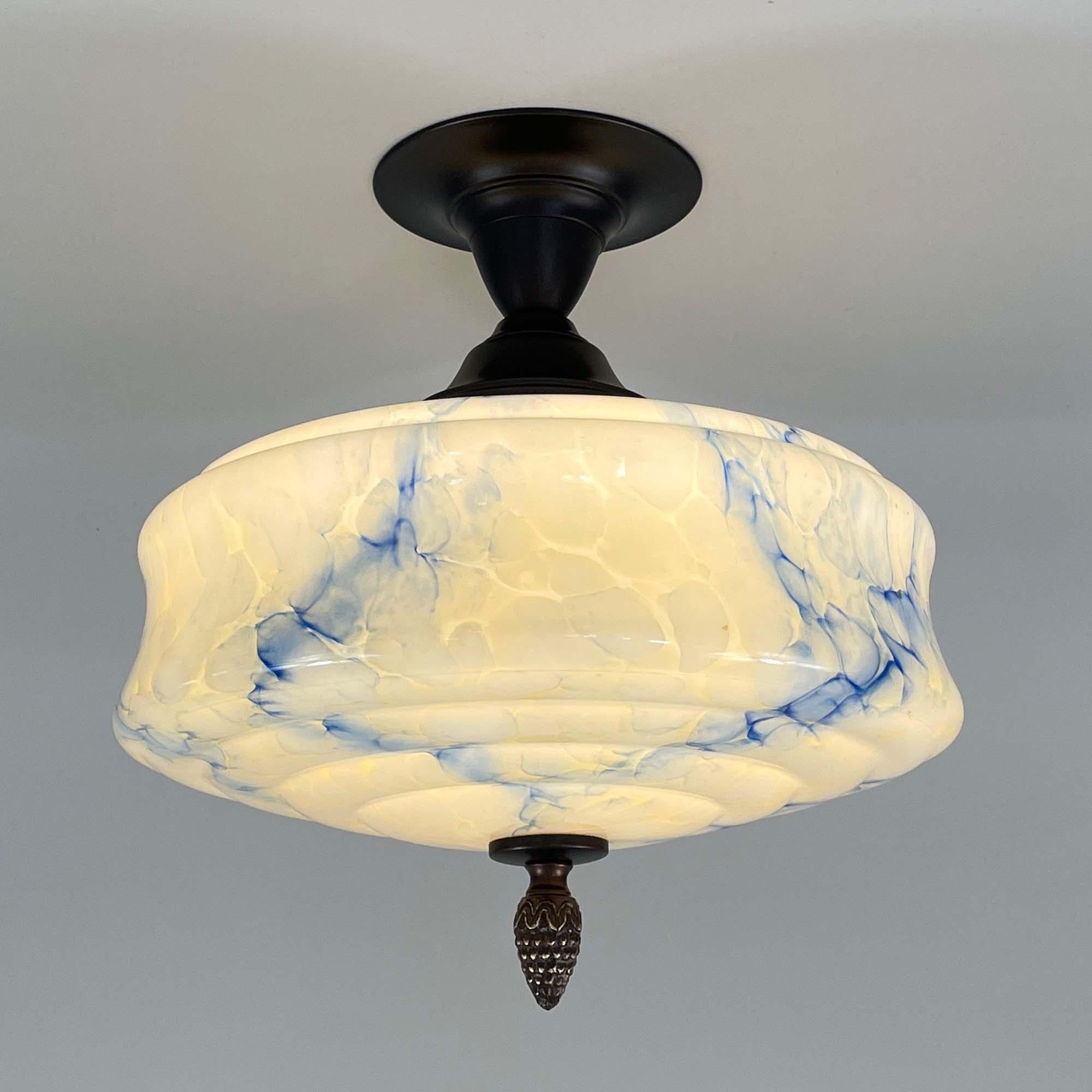 Art Deco Flush Mount, Blue Marbled Opaline Glass, Germany 1920s to 1930s For Sale 8