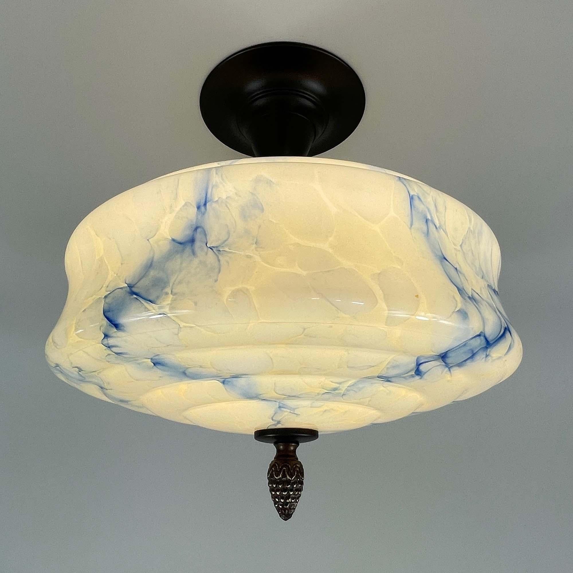 Art Deco Flush Mount, Blue Marbled Opaline Glass, Germany 1920s to 1930s For Sale 9