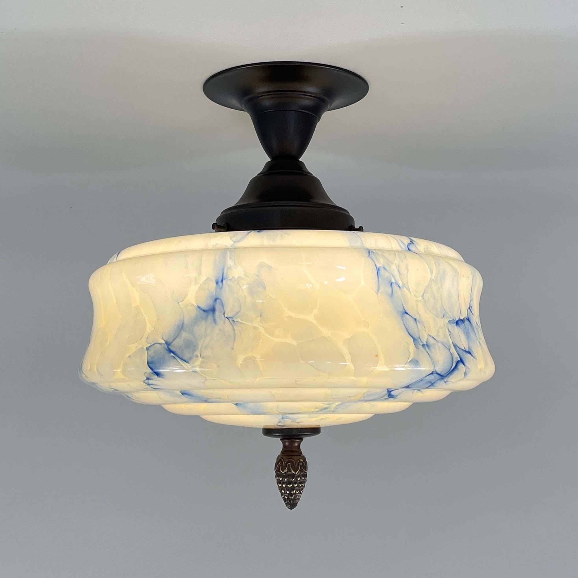 Bronzed Art Deco Flush Mount, Blue Marbled Opaline Glass, Germany 1920s to 1930s For Sale
