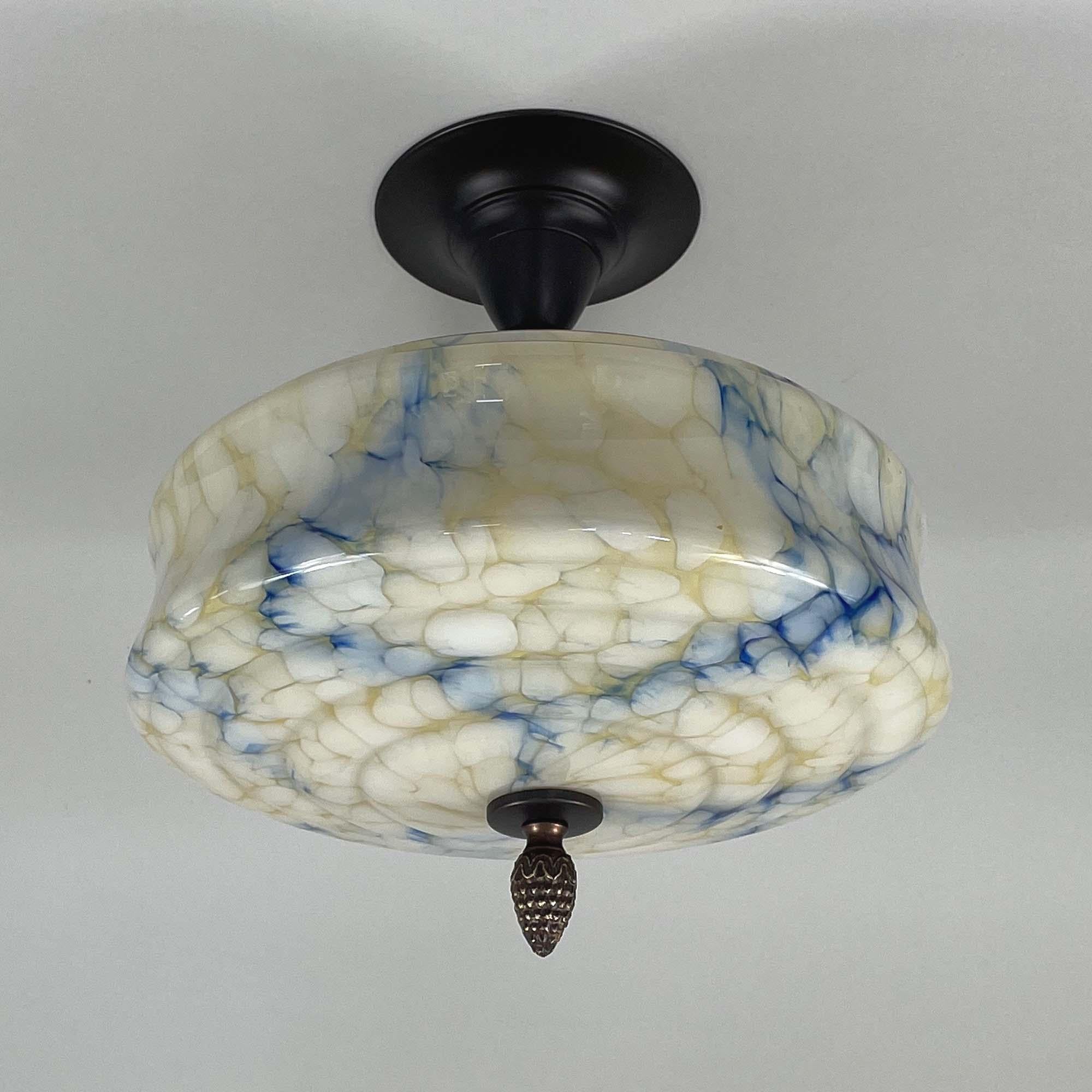 Art Deco Flush Mount, Blue Marbled Opaline Glass, Germany 1920s to 1930s In Good Condition For Sale In NUEMBRECHT, NRW