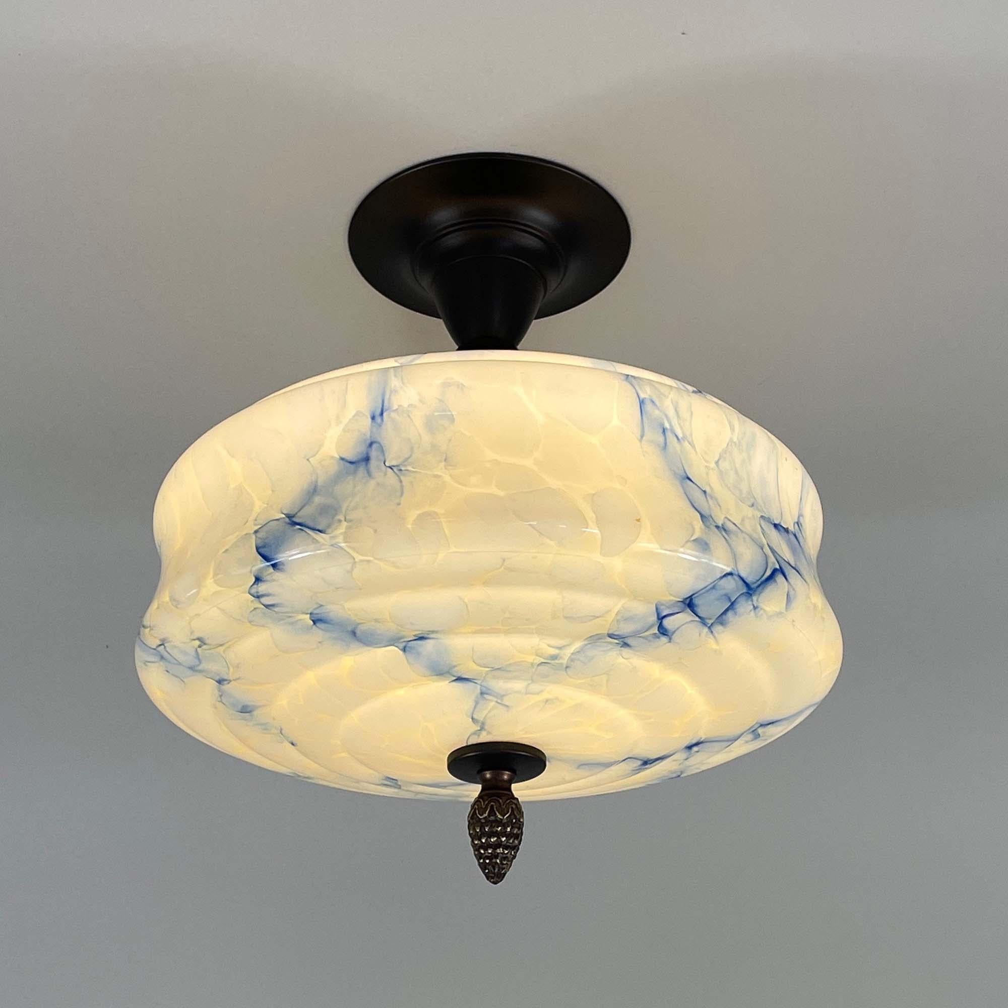 Early 20th Century Art Deco Flush Mount, Blue Marbled Opaline Glass, Germany 1920s to 1930s For Sale