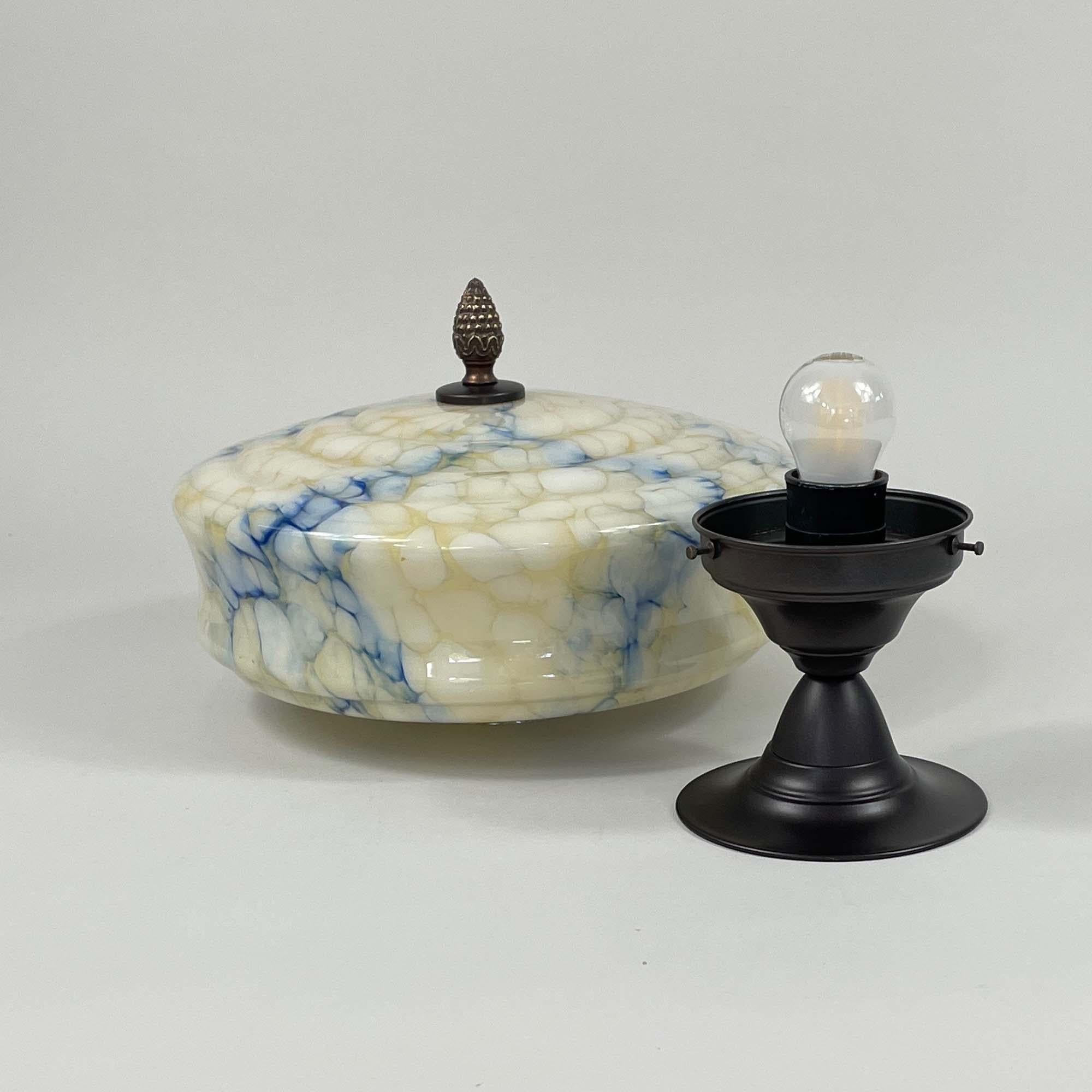 Art Deco Flush Mount, Blue Marbled Opaline Glass, Germany 1920s to 1930s For Sale 3