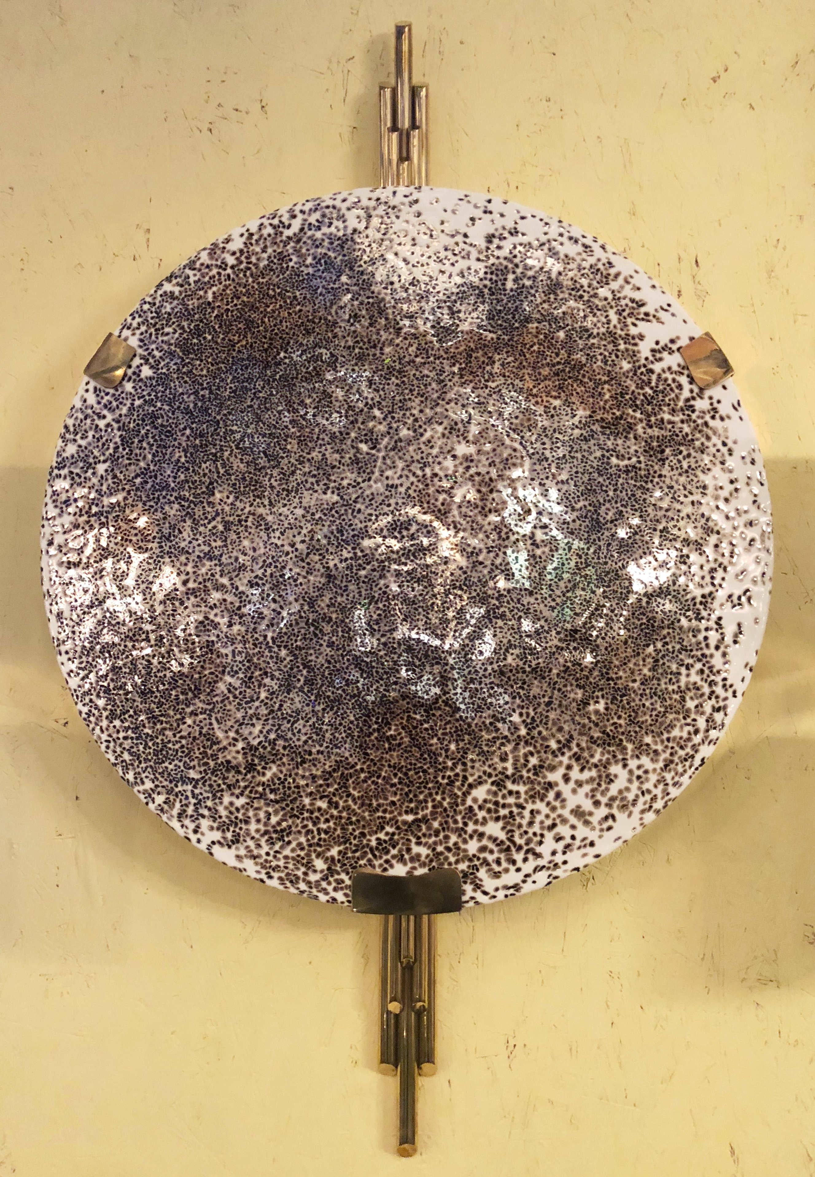One of a kind Italian Art Deco inspired wall light or flush mount with a large decorative round Murano glass shade mounted on brass frame / Designed by Fabio Bergomi for Fabio Ltd / Made in Italy 
6 lights / E12 or E14 type / max 40W each
Height: 46