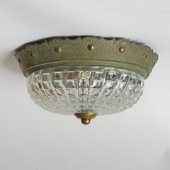 Art Deco Flush Mount Ceiling Lamp in Copper, Brass and Murano Glass, Italy 1920