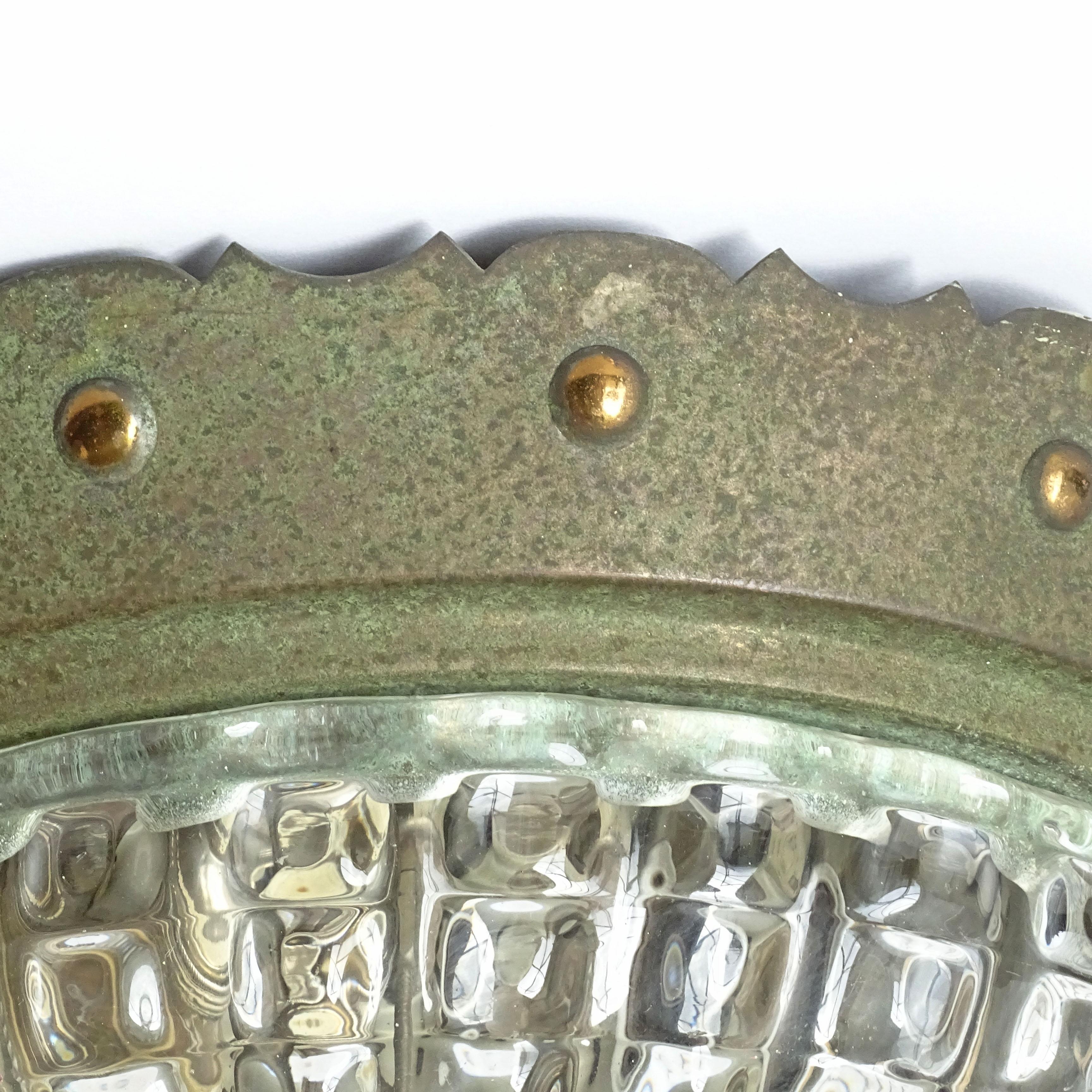 Lámpara de techo Art Decó de cobre, latón y cristal de Murano, Italia 1920 Italiano en venta