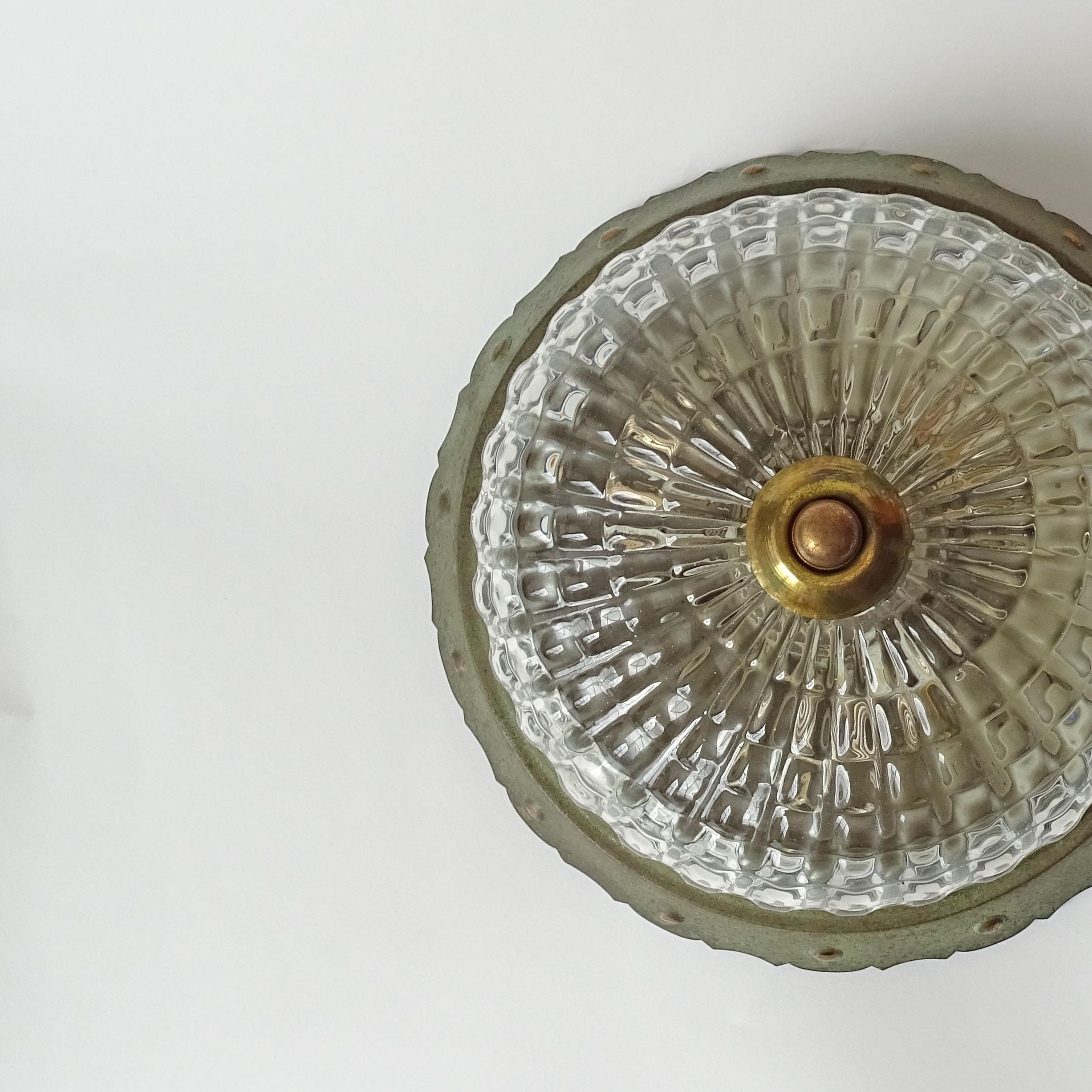 Lámpara de techo Art Decó de cobre, latón y cristal de Murano, Italia 1920 principios del siglo XX en venta