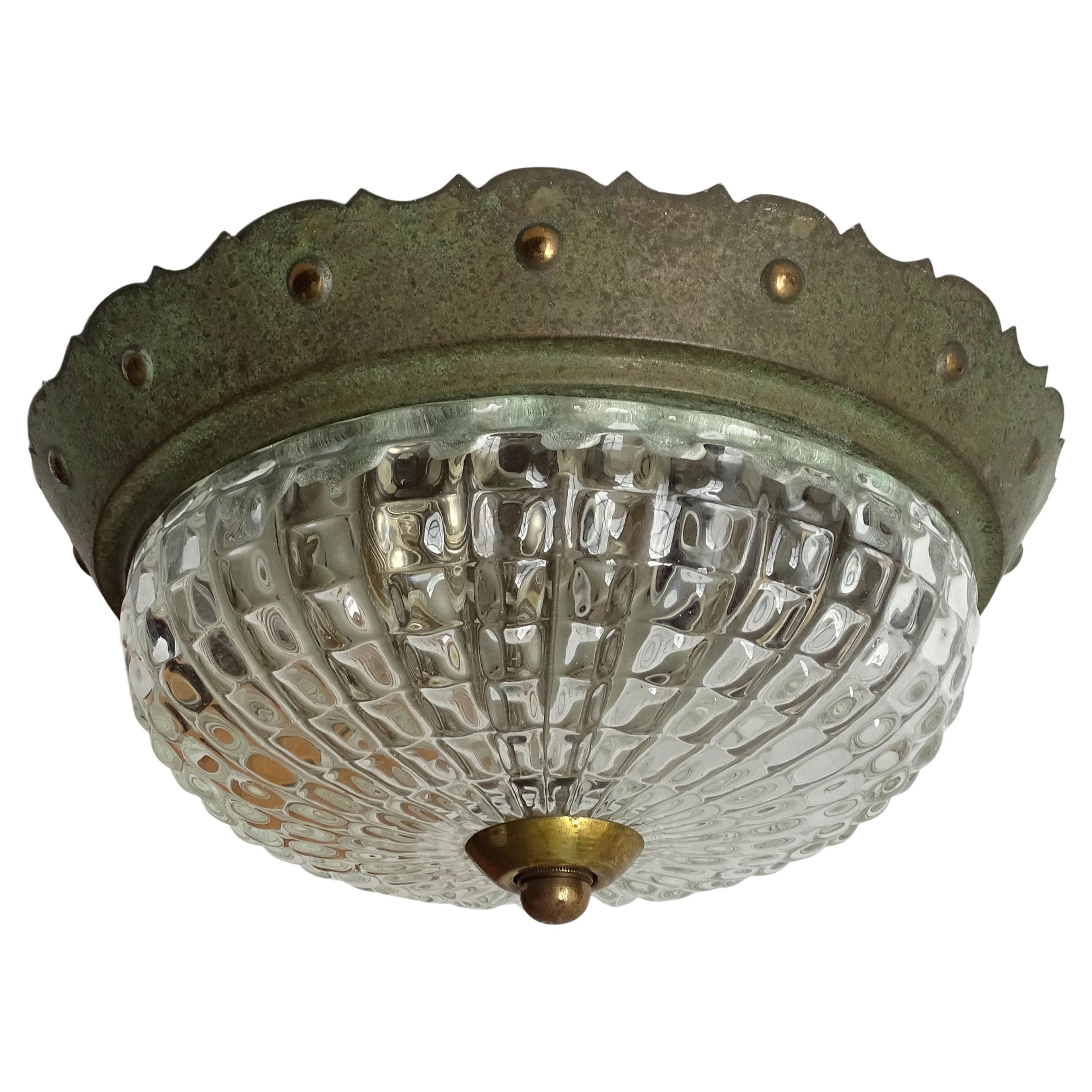 Lámpara de techo Art Decó de cobre, latón y cristal de Murano, Italia 1920 en venta