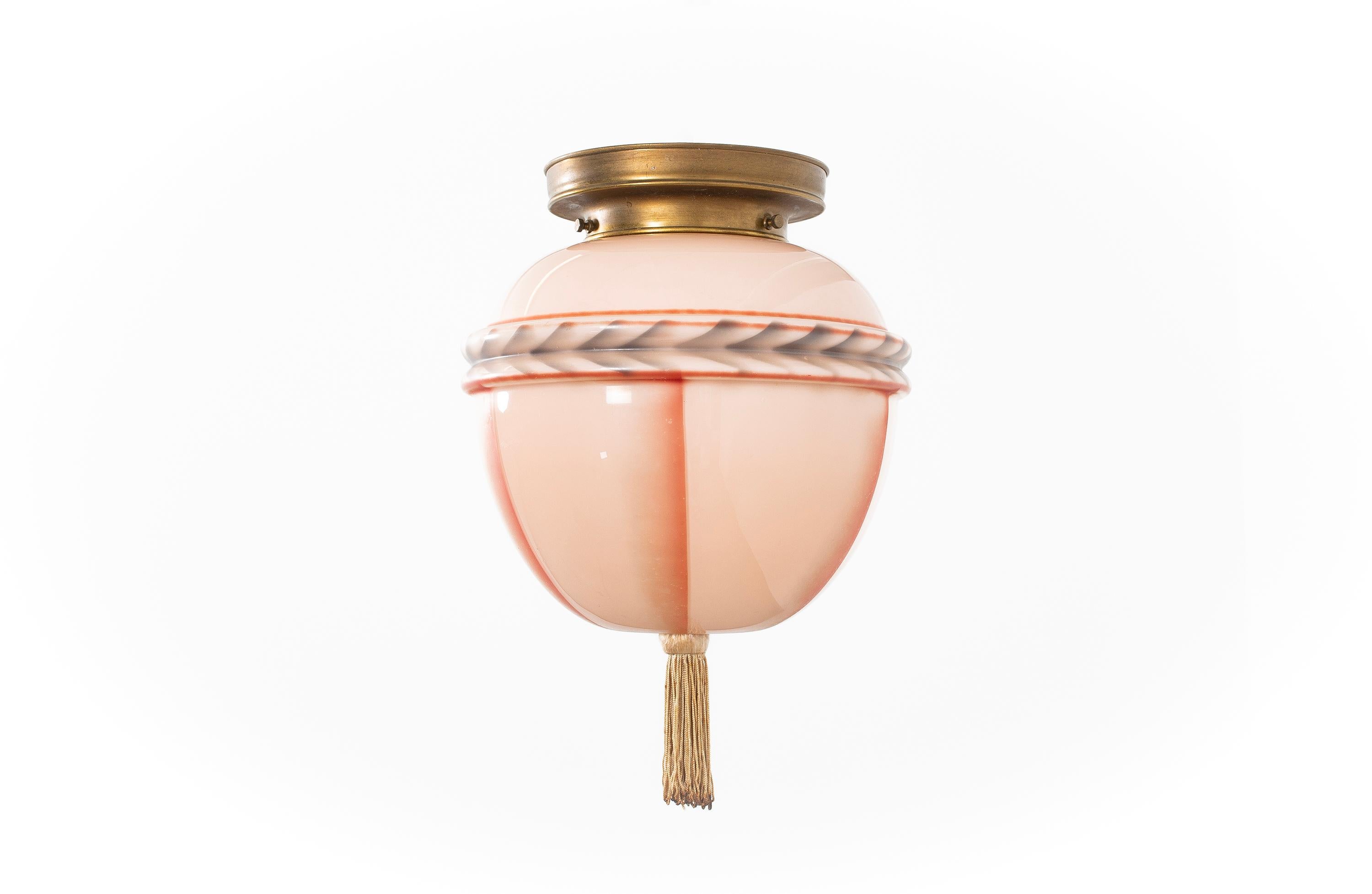 Blown Glass Art Deco Flush Mount Ceiling Light, 1930s For Sale