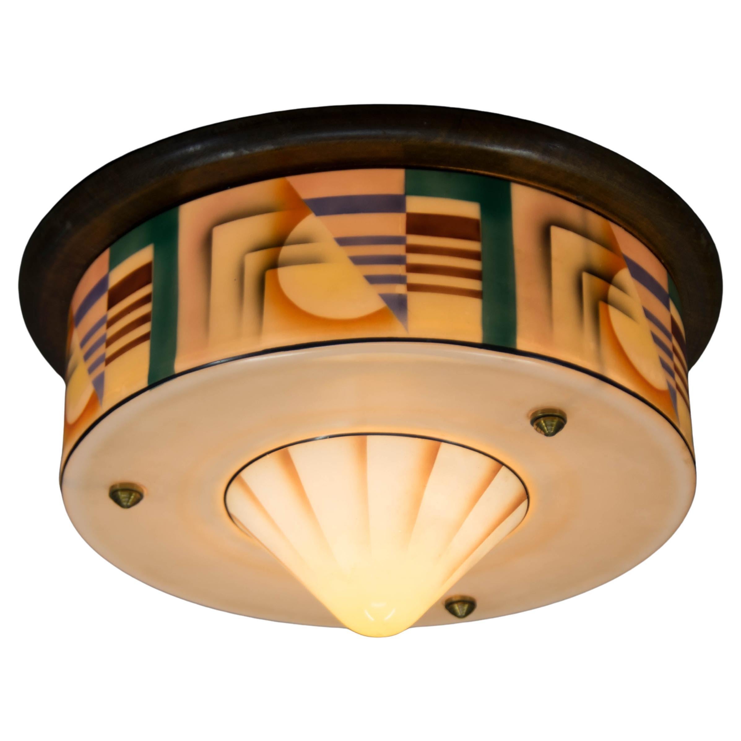 Lámpara de techo Art Decó empotrada, cristal pintado a mano, años 20