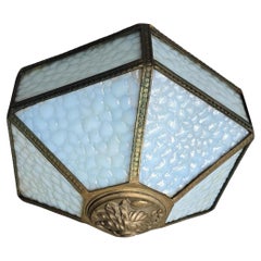 Art Deco Flush Mount Ceiling Light in Hammered Glass and Bronze, 1920s
