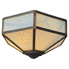 Art Deco Flush Mount Ceiling Light in Hammered Glass and Bronze, 1920s