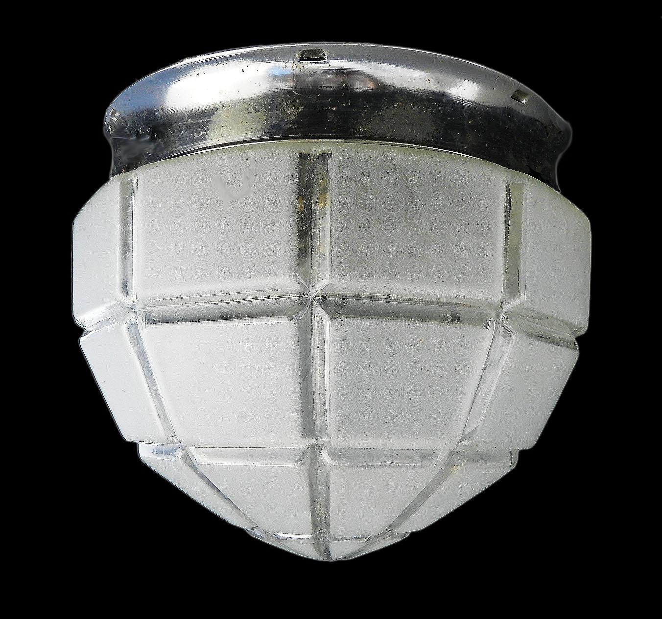 French Art Deco Flush Mount Ceiling Light Large Frosted Glass Globe Shade, circa 1930