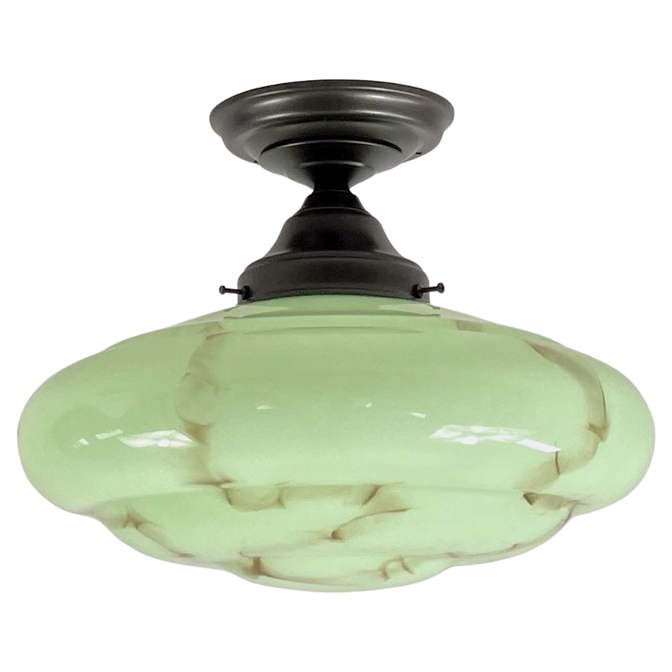 Art Deco Flush Mount, Marbled Opaline Glass 
Burnished Brass, Germany 1920s