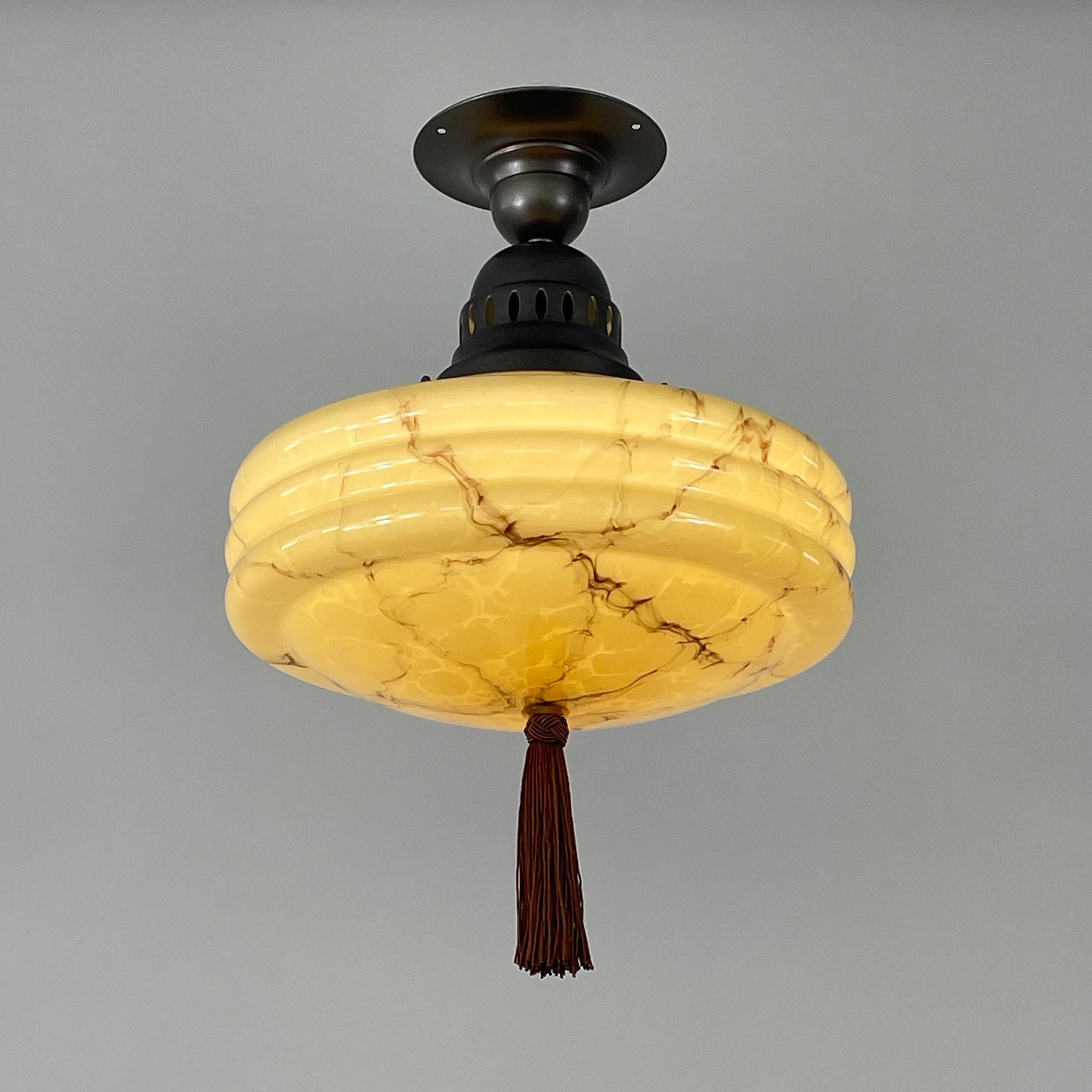 Art Deco Flush Mount, Marbled Opaline Glass & Burnished Metal, Germany 1920s 6